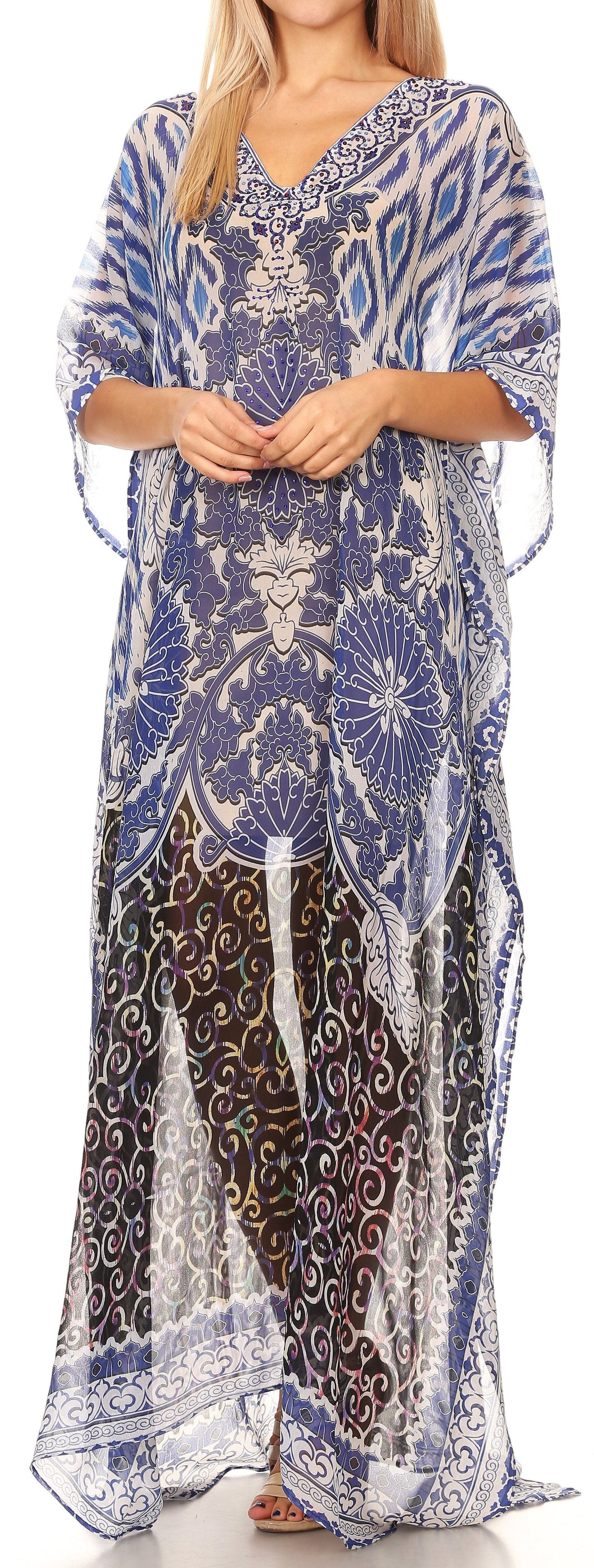 Sakkas Wilder Printed Design Long Sheer Rhinestone Caftan Dress / Cover Up - Concordia Style Boutique