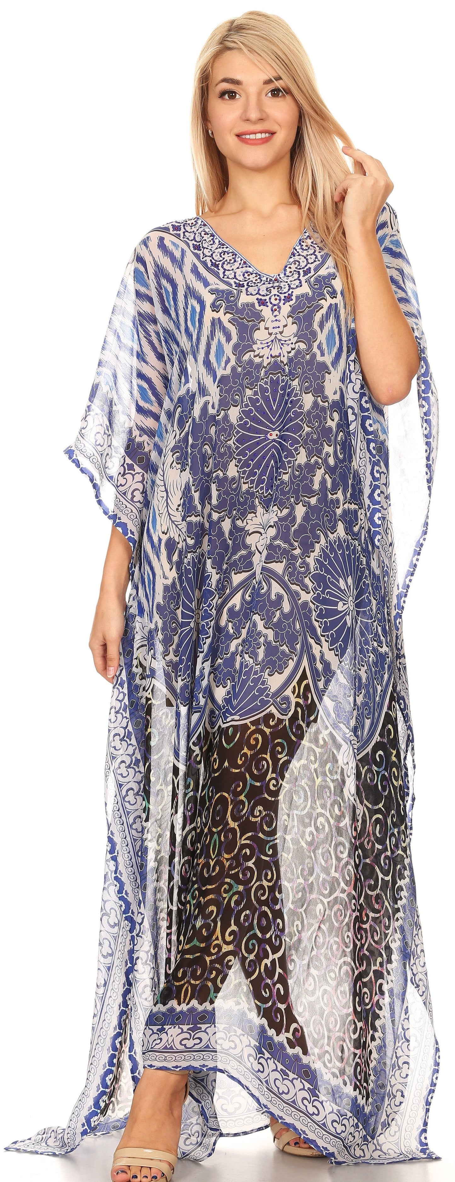 Sakkas Wilder Printed Design Long Sheer Rhinestone Caftan Dress / Cover Up - Concordia Style Boutique
