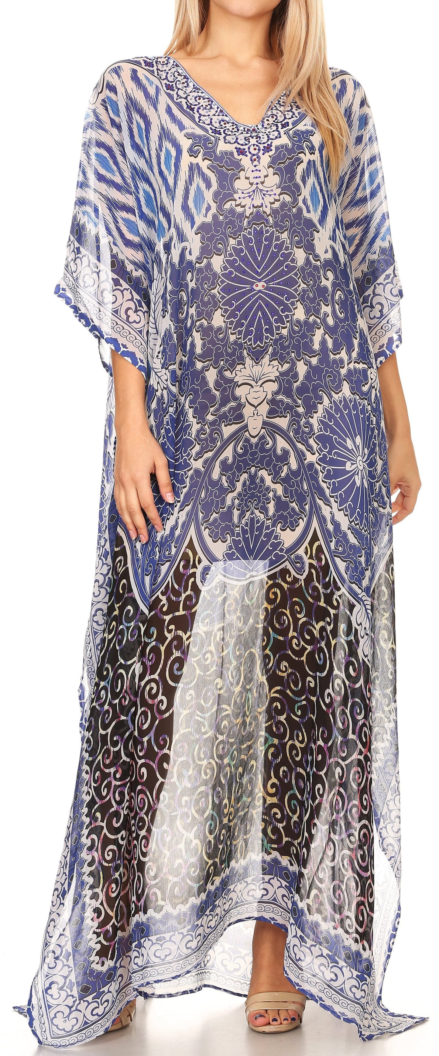 Sakkas Wilder Printed Design Long Sheer Rhinestone Caftan Dress / Cover Up - Concordia Style Boutique