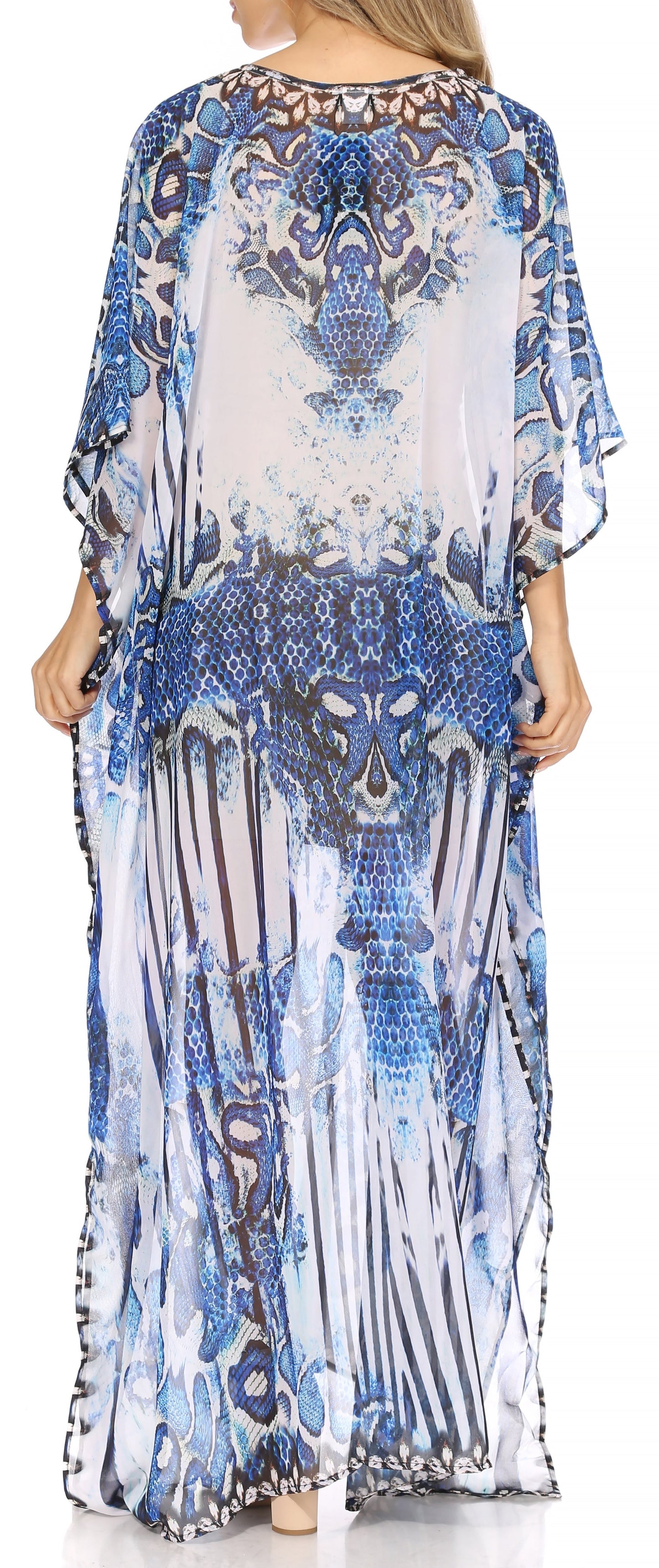 Sakkas Wilder Printed Design Long Sheer Rhinestone Caftan Dress / Cover Up - Concordia Style Boutique
