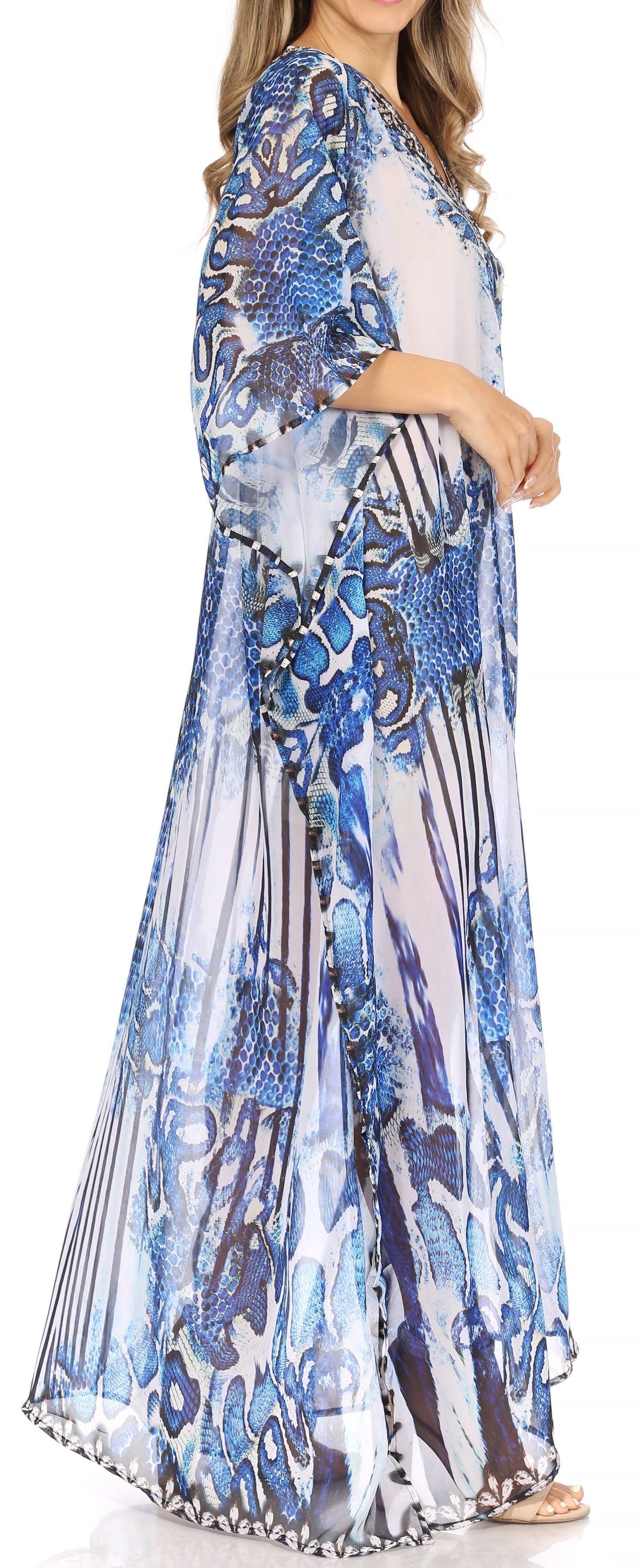 Sakkas Wilder Printed Design Long Sheer Rhinestone Caftan Dress / Cover Up - Concordia Style Boutique