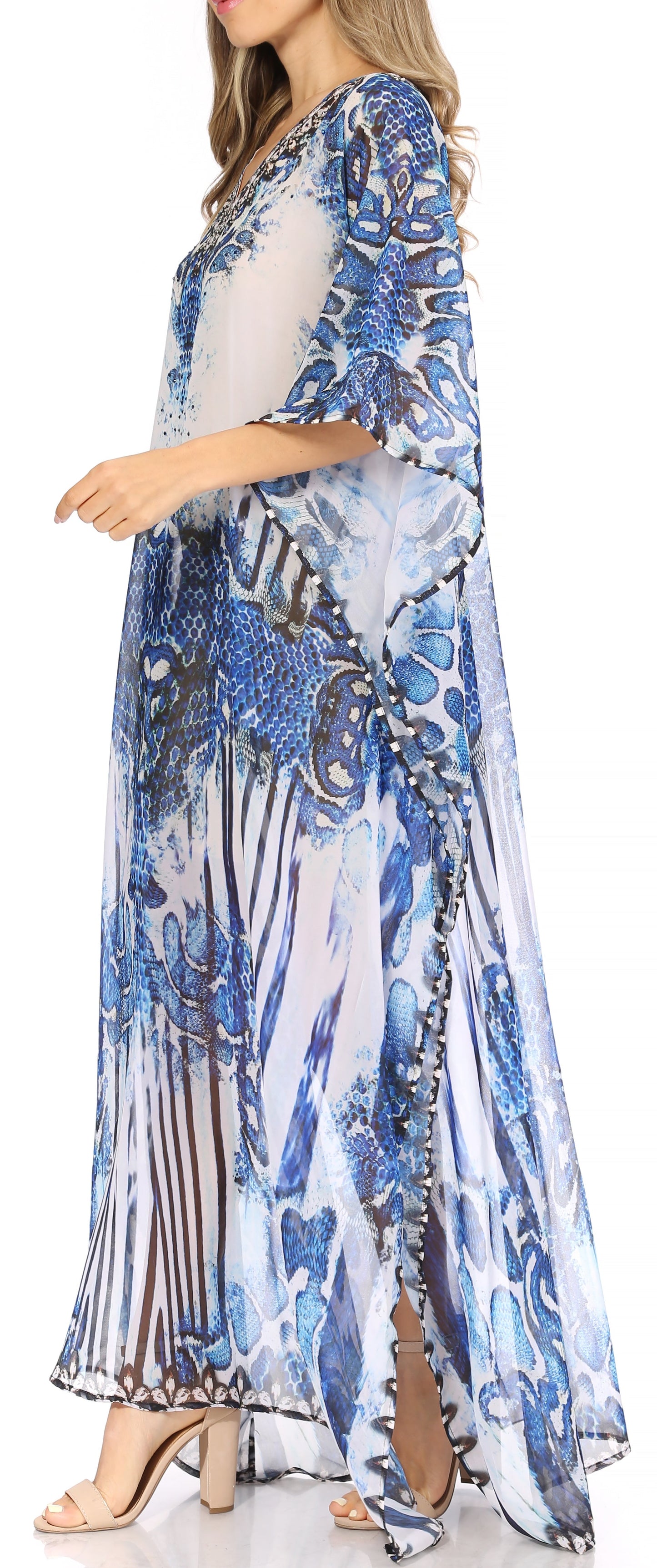 Sakkas Wilder Printed Design Long Sheer Rhinestone Caftan Dress / Cover Up - Concordia Style Boutique