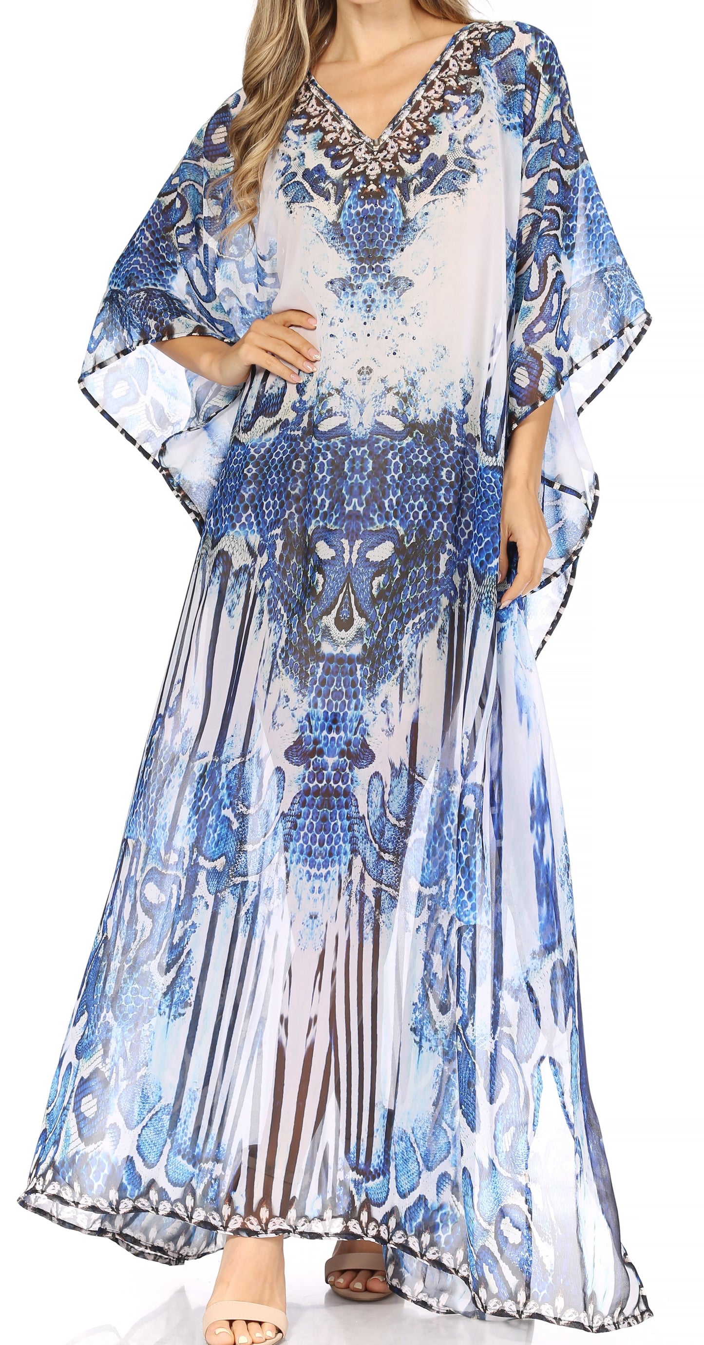 Sakkas Wilder Printed Design Long Sheer Rhinestone Caftan Dress / Cover Up - Concordia Style Boutique