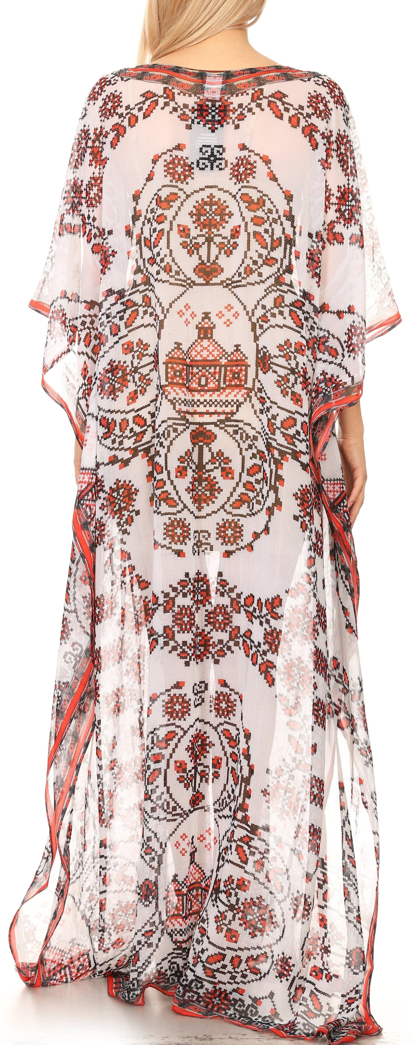 Sakkas Wilder Printed Design Long Sheer Rhinestone Caftan Dress / Cover Up - Concordia Style Boutique