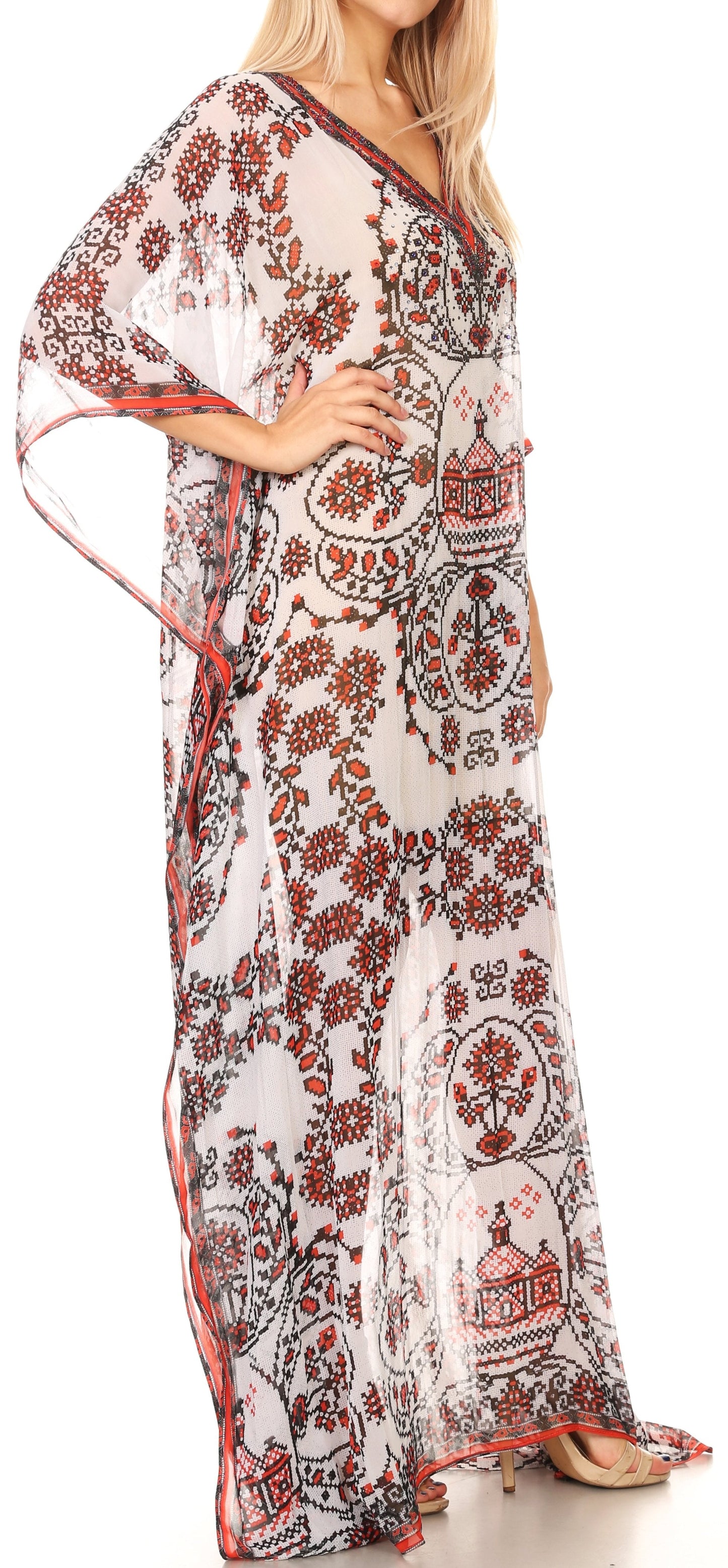 Sakkas Wilder Printed Design Long Sheer Rhinestone Caftan Dress / Cover Up - Concordia Style Boutique