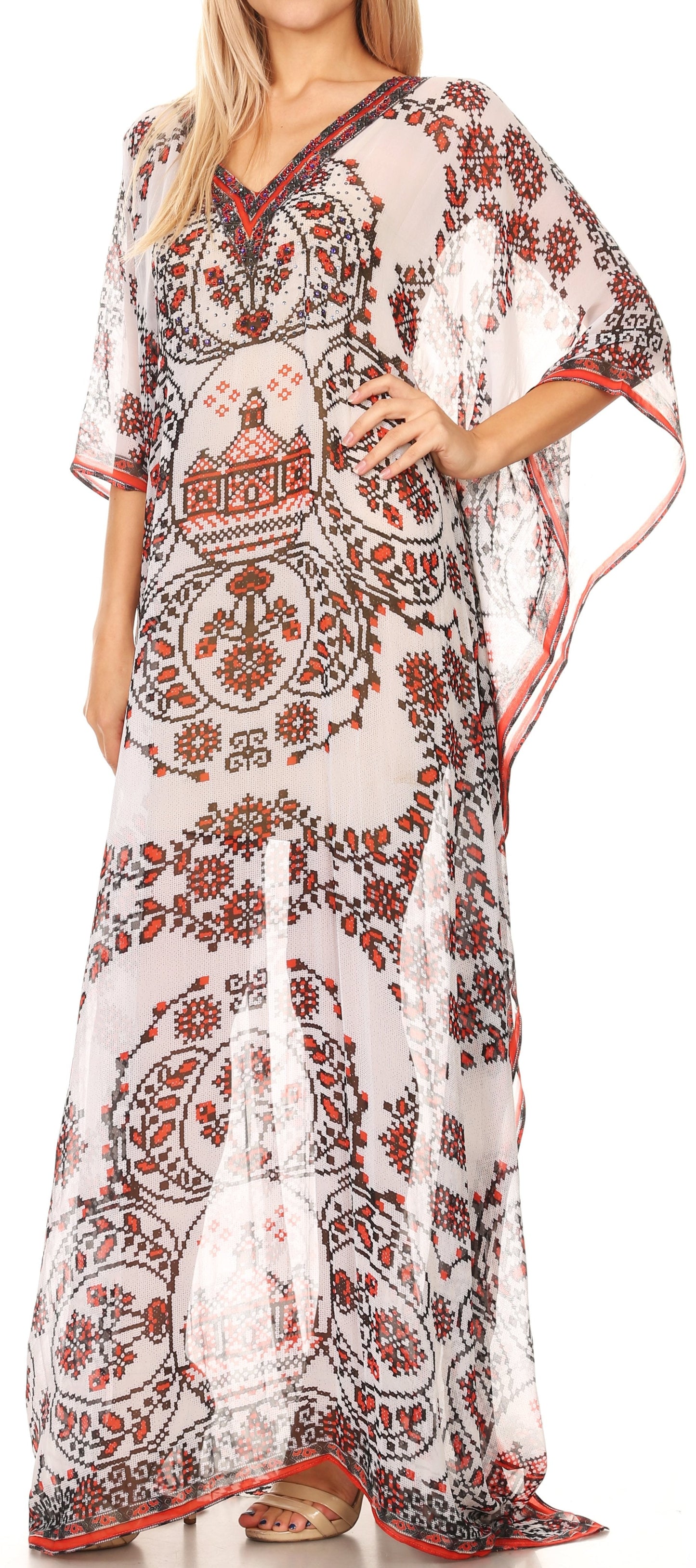 Sakkas Wilder Printed Design Long Sheer Rhinestone Caftan Dress / Cover Up - Concordia Style Boutique