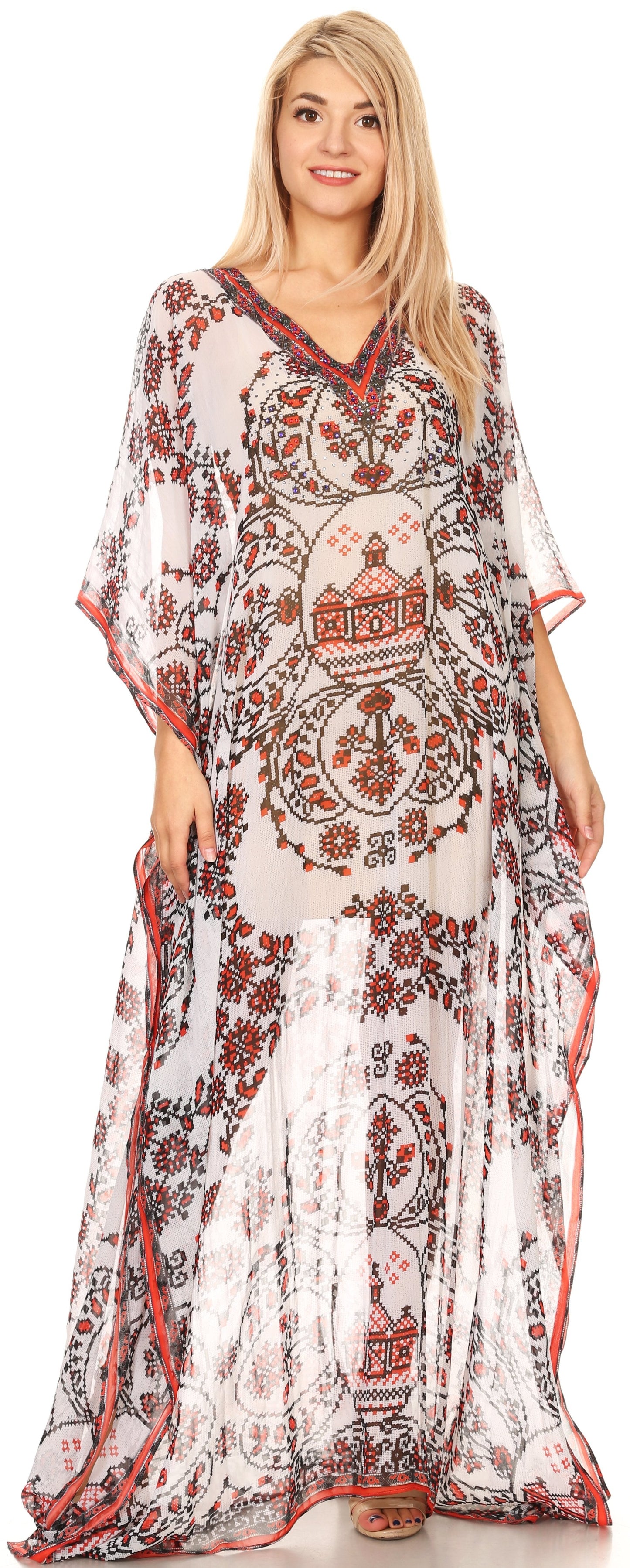 Sakkas Wilder Printed Design Long Sheer Rhinestone Caftan Dress / Cover Up - Concordia Style Boutique
