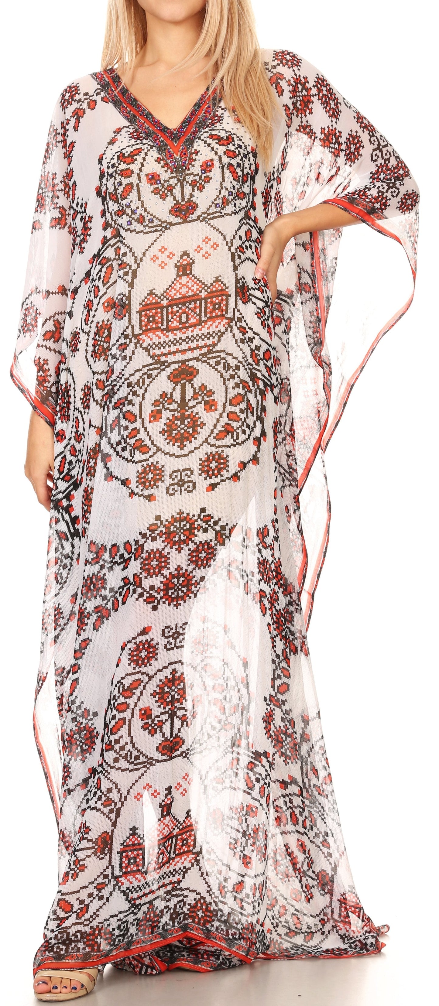Sakkas Wilder Printed Design Long Sheer Rhinestone Caftan Dress / Cover Up - Concordia Style Boutique
