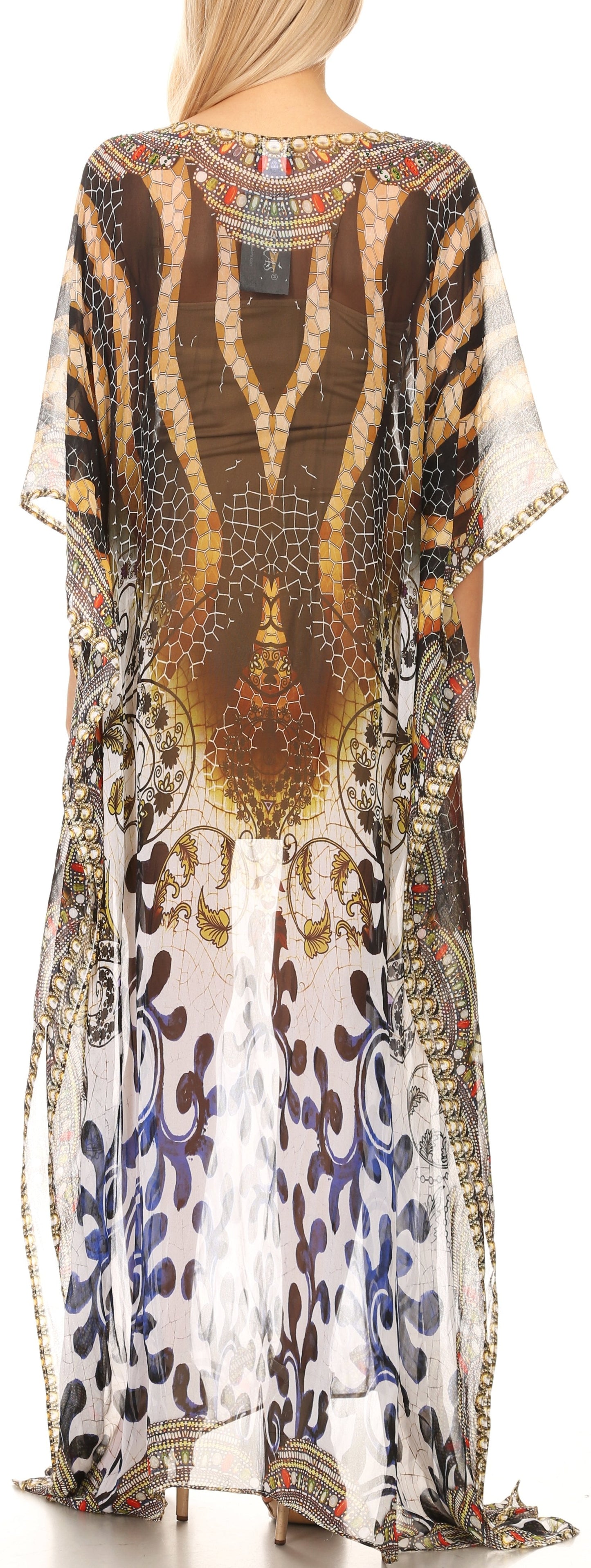 Sakkas Wilder Printed Design Long Sheer Rhinestone Caftan Dress / Cover Up - Concordia Style Boutique
