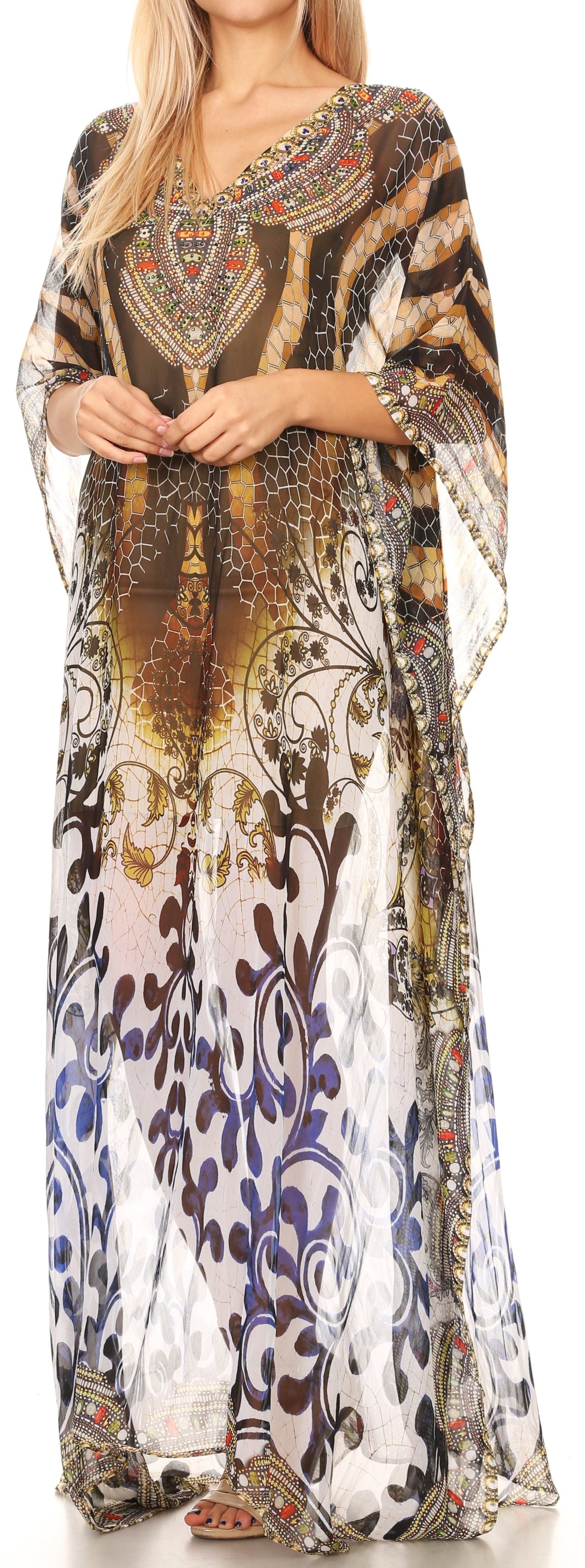 Sakkas Wilder Printed Design Long Sheer Rhinestone Caftan Dress / Cover Up - Concordia Style Boutique