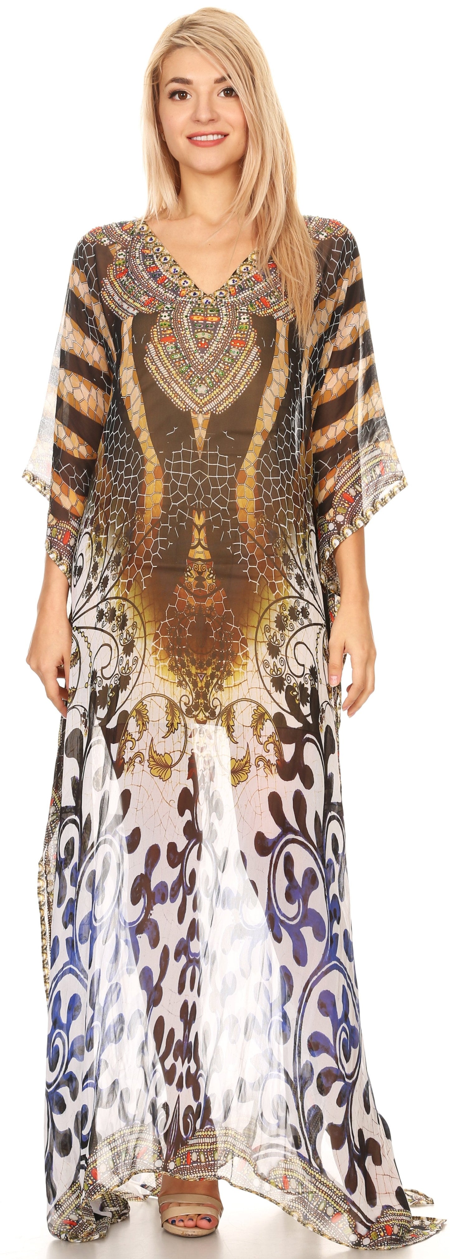 Sakkas Wilder Printed Design Long Sheer Rhinestone Caftan Dress / Cover Up - Concordia Style Boutique