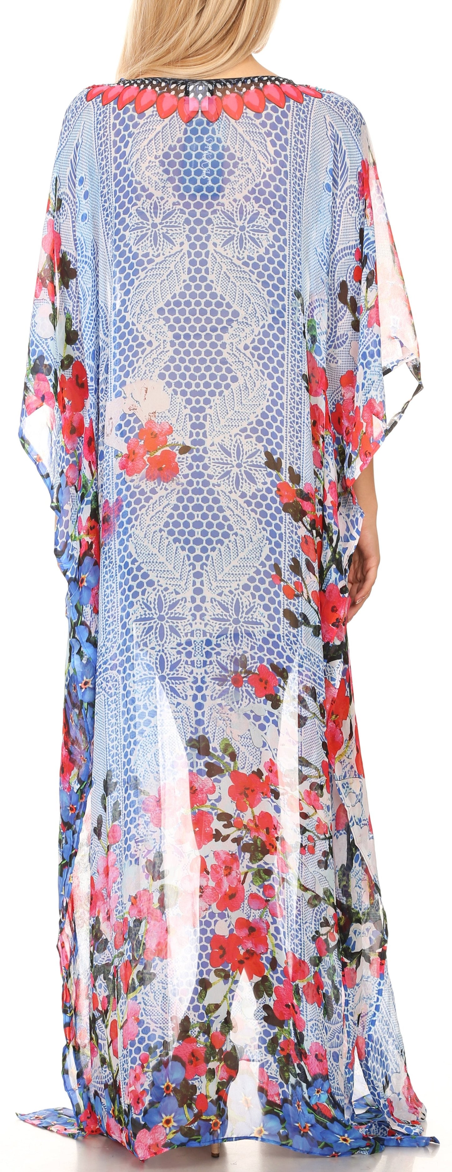 Sakkas Wilder Printed Design Long Sheer Rhinestone Caftan Dress / Cover Up - Concordia Style Boutique