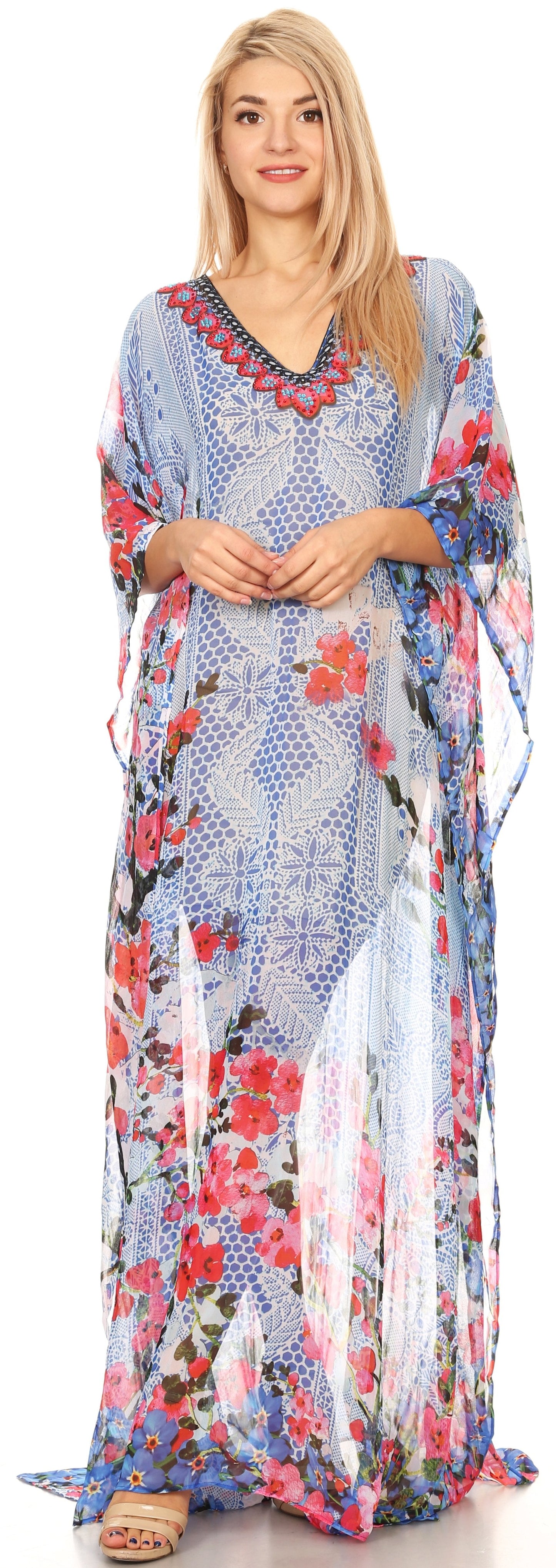 Sakkas Wilder Printed Design Long Sheer Rhinestone Caftan Dress / Cover Up - Concordia Style Boutique