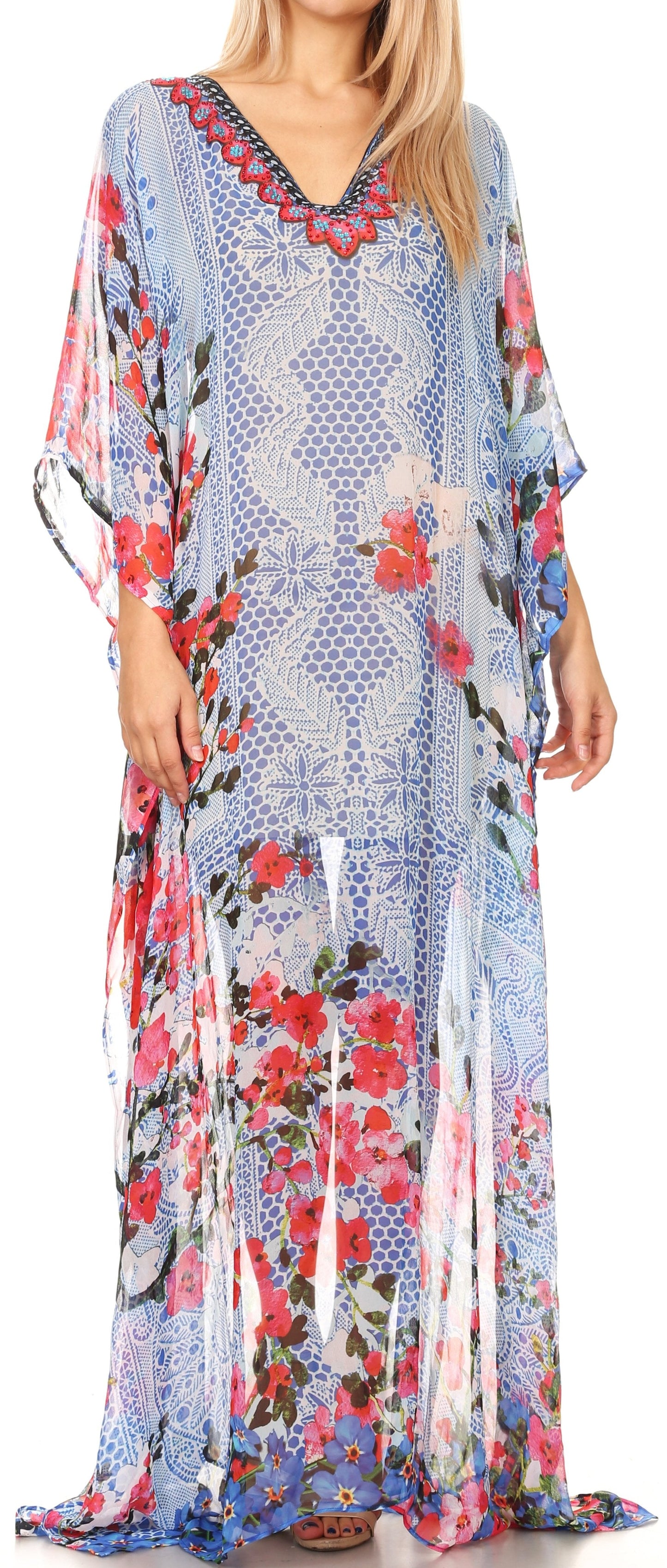 Sakkas Wilder Printed Design Long Sheer Rhinestone Caftan Dress / Cover Up - Concordia Style Boutique