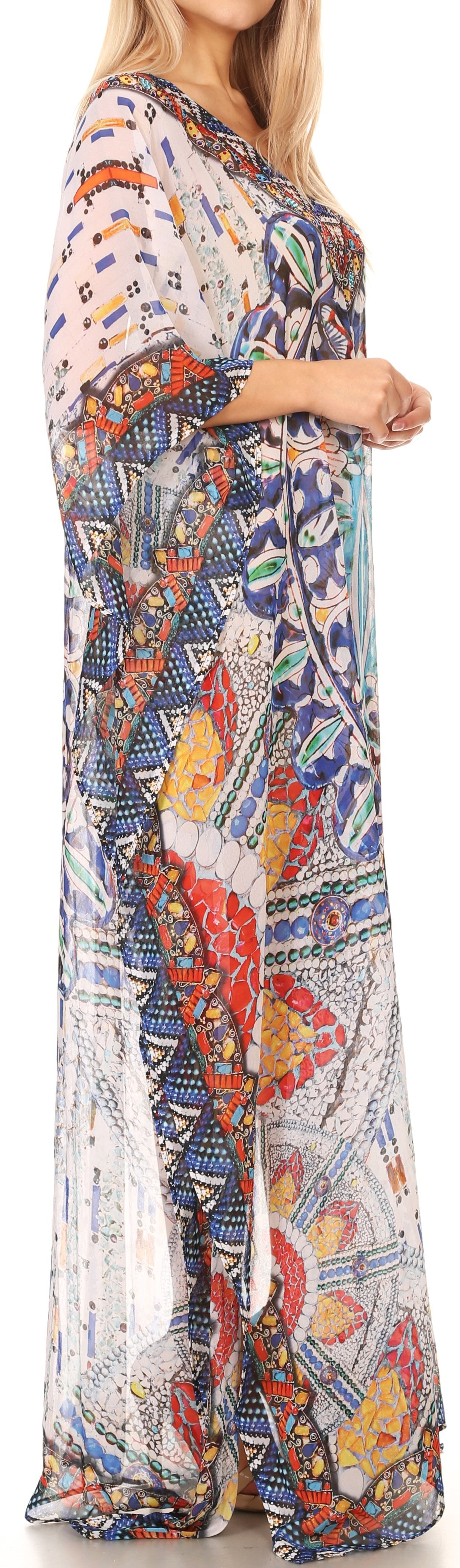 Sakkas Wilder Printed Design Long Sheer Rhinestone Caftan Dress / Cover Up - Concordia Style Boutique