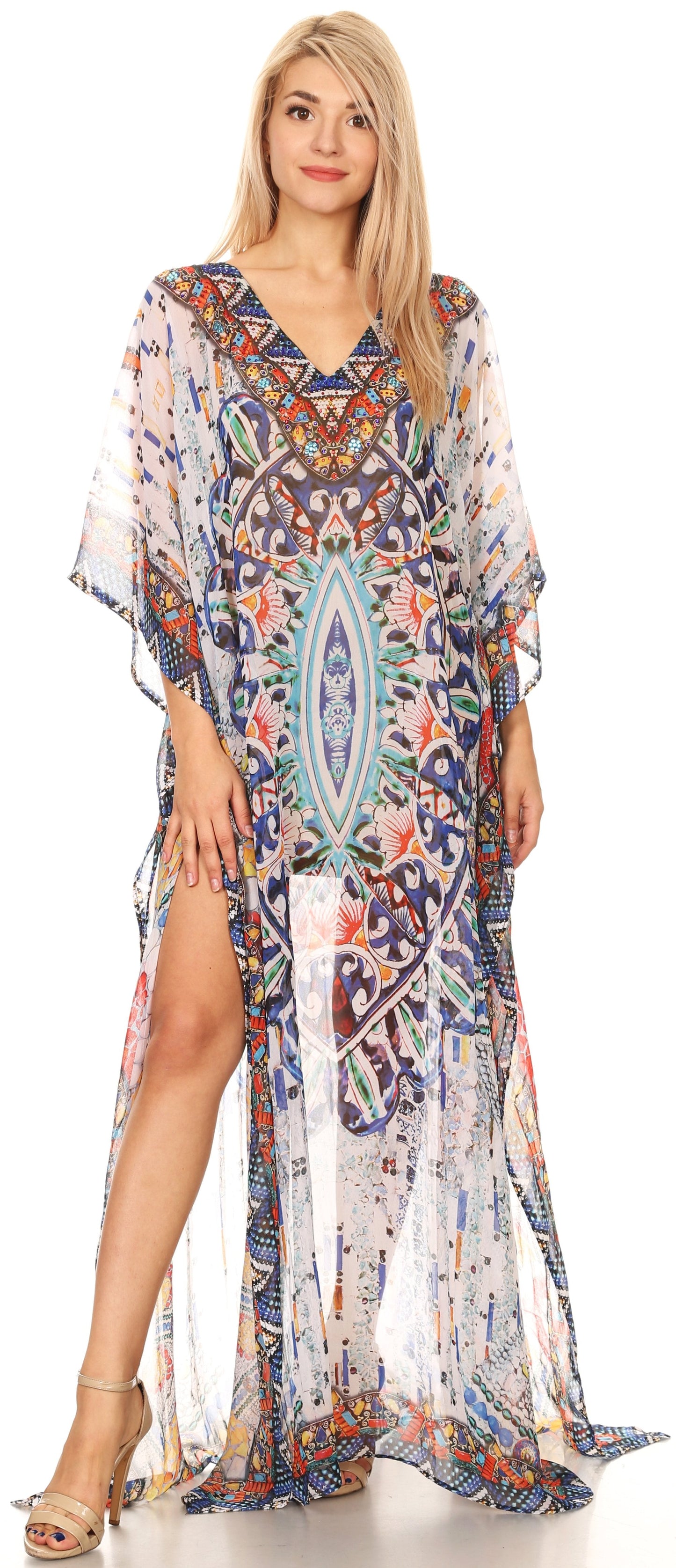 Sakkas Wilder Printed Design Long Sheer Rhinestone Caftan Dress / Cover Up - Concordia Style Boutique