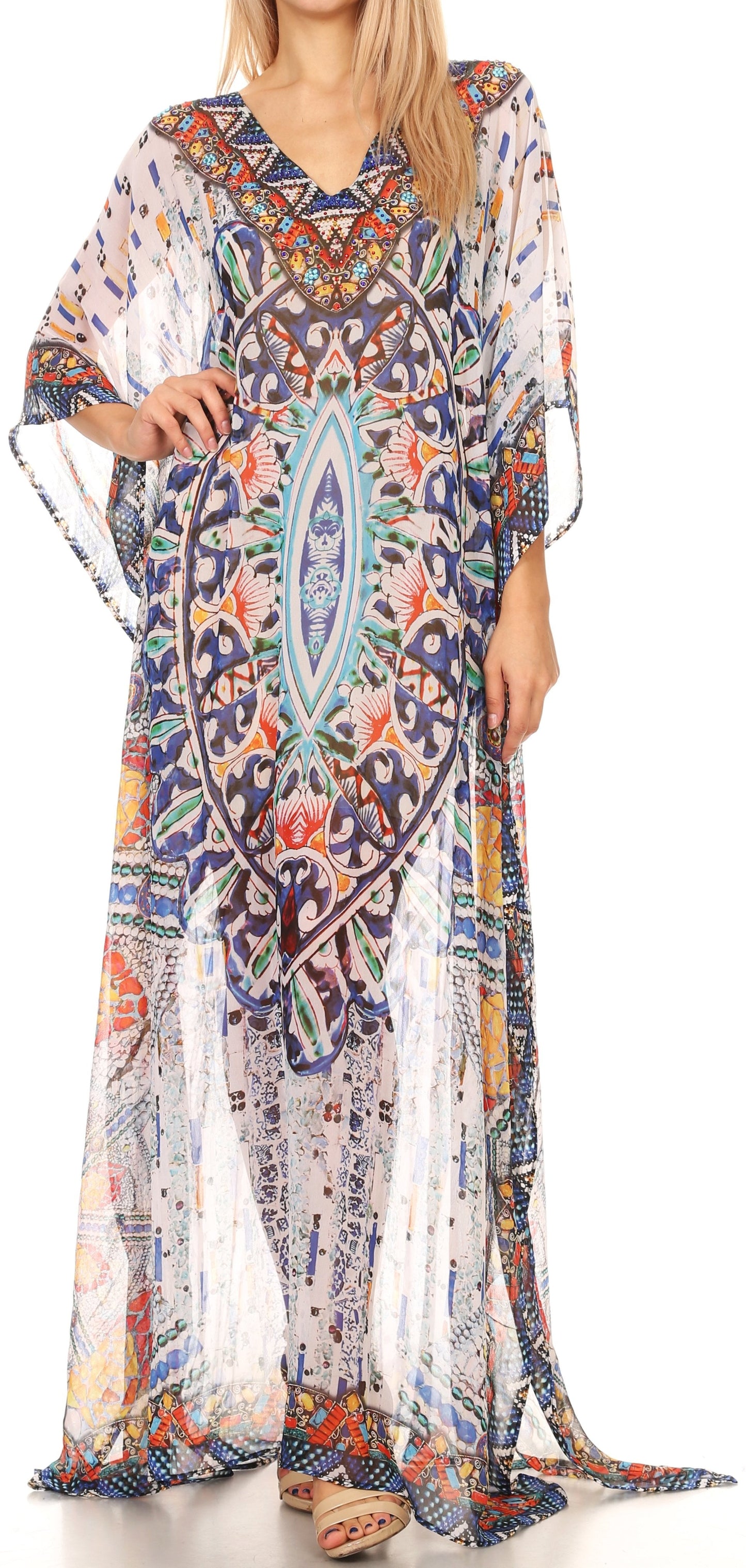 Sakkas Wilder Printed Design Long Sheer Rhinestone Caftan Dress / Cover Up - Concordia Style Boutique