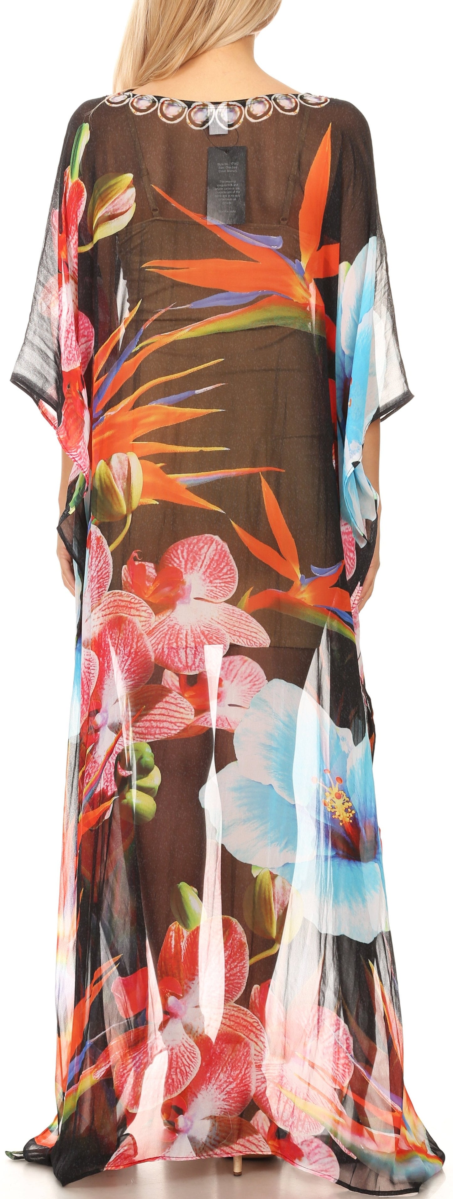 Sakkas Wilder Printed Design Long Sheer Rhinestone Caftan Dress / Cover Up - Concordia Style Boutique