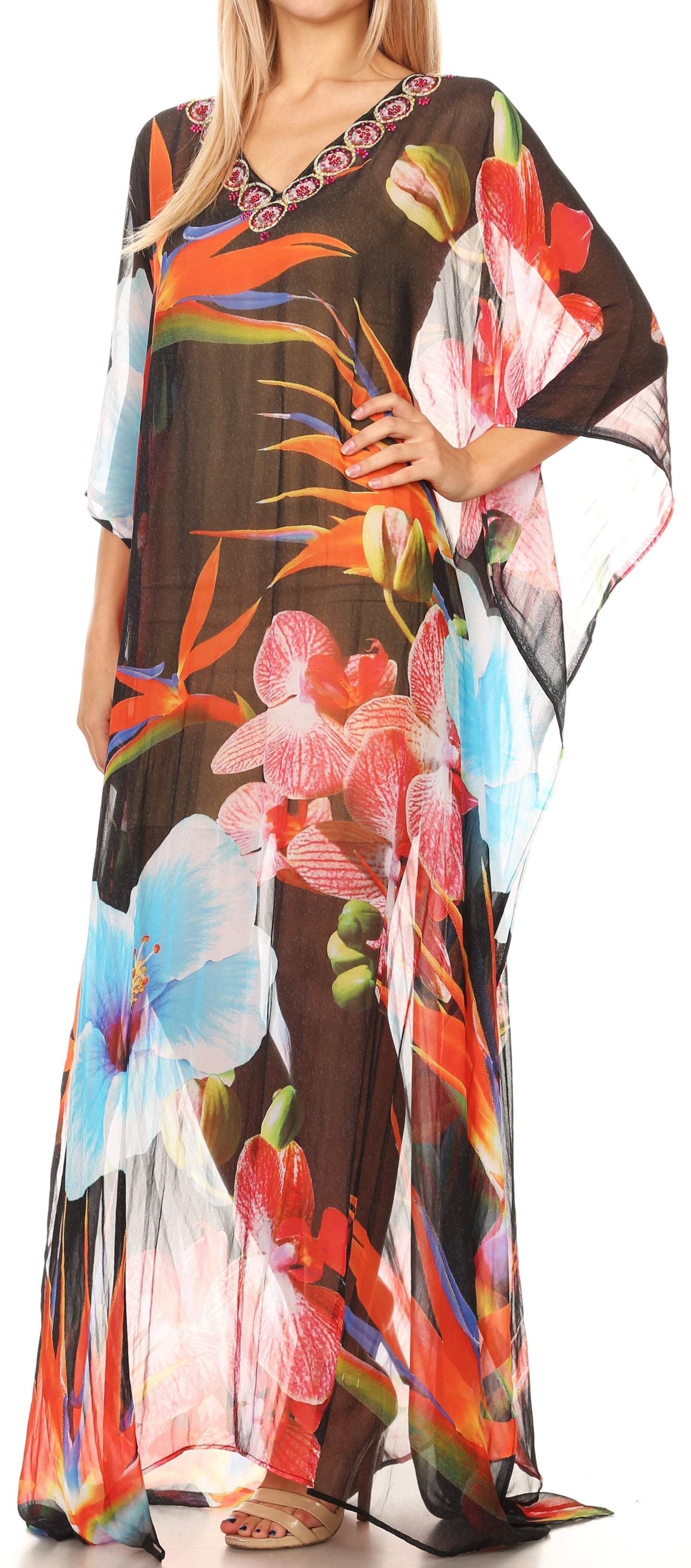 Sakkas Wilder Printed Design Long Sheer Rhinestone Caftan Dress / Cover Up - Concordia Style Boutique
