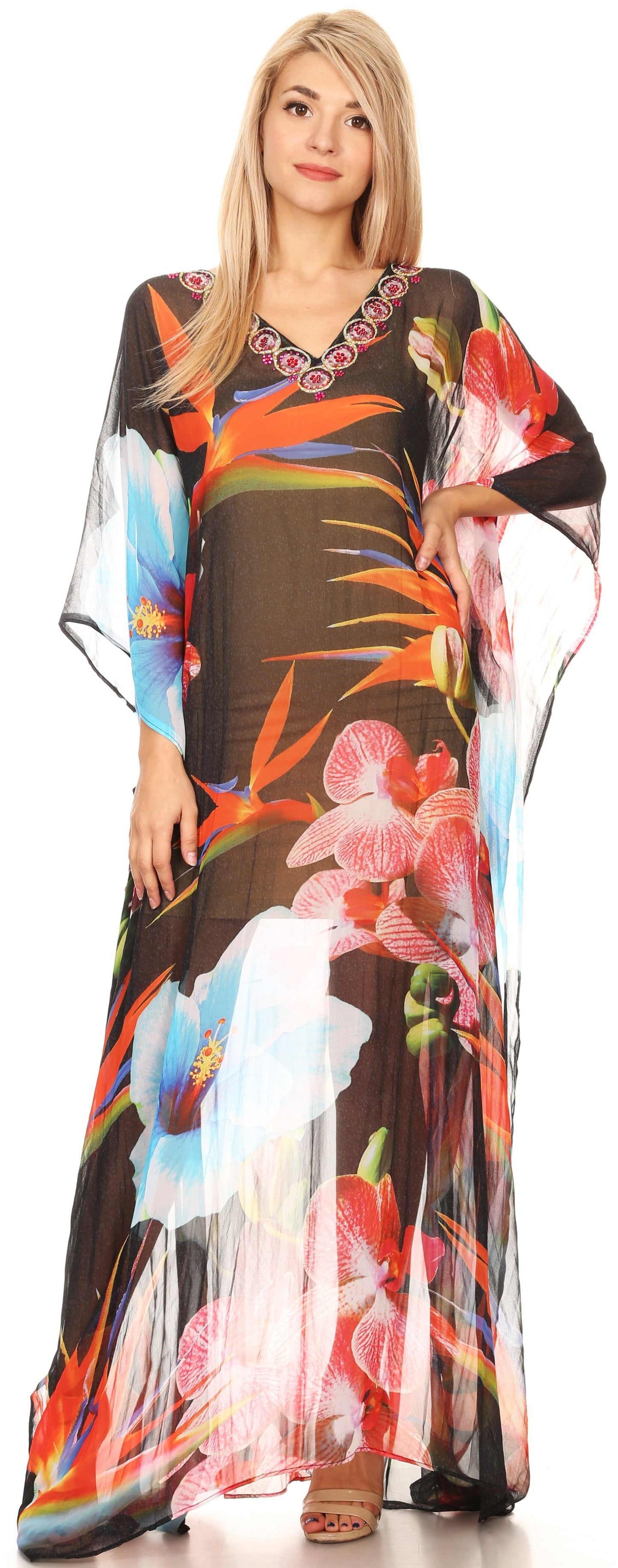 Sakkas Wilder Printed Design Long Sheer Rhinestone Caftan Dress / Cover Up - Concordia Style Boutique