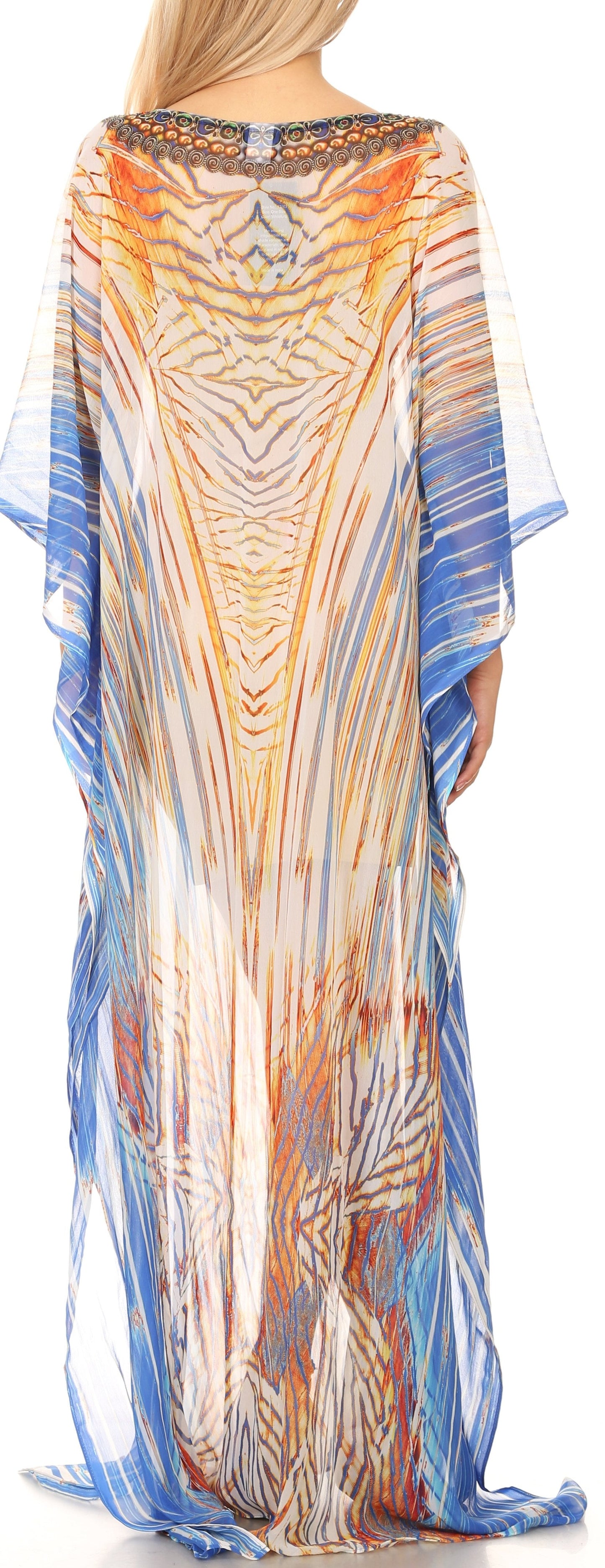 Sakkas Wilder Printed Design Long Sheer Rhinestone Caftan Dress / Cover Up - Concordia Style Boutique