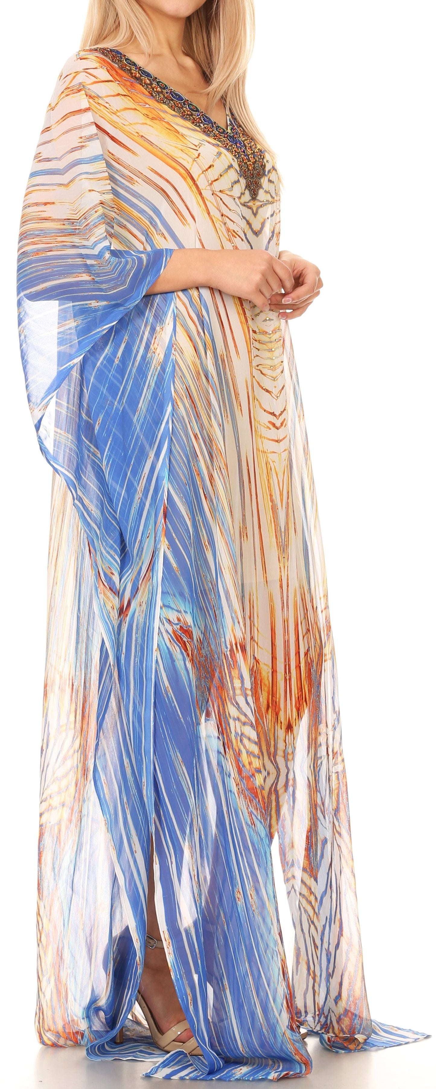 Sakkas Wilder Printed Design Long Sheer Rhinestone Caftan Dress / Cover Up - Concordia Style Boutique
