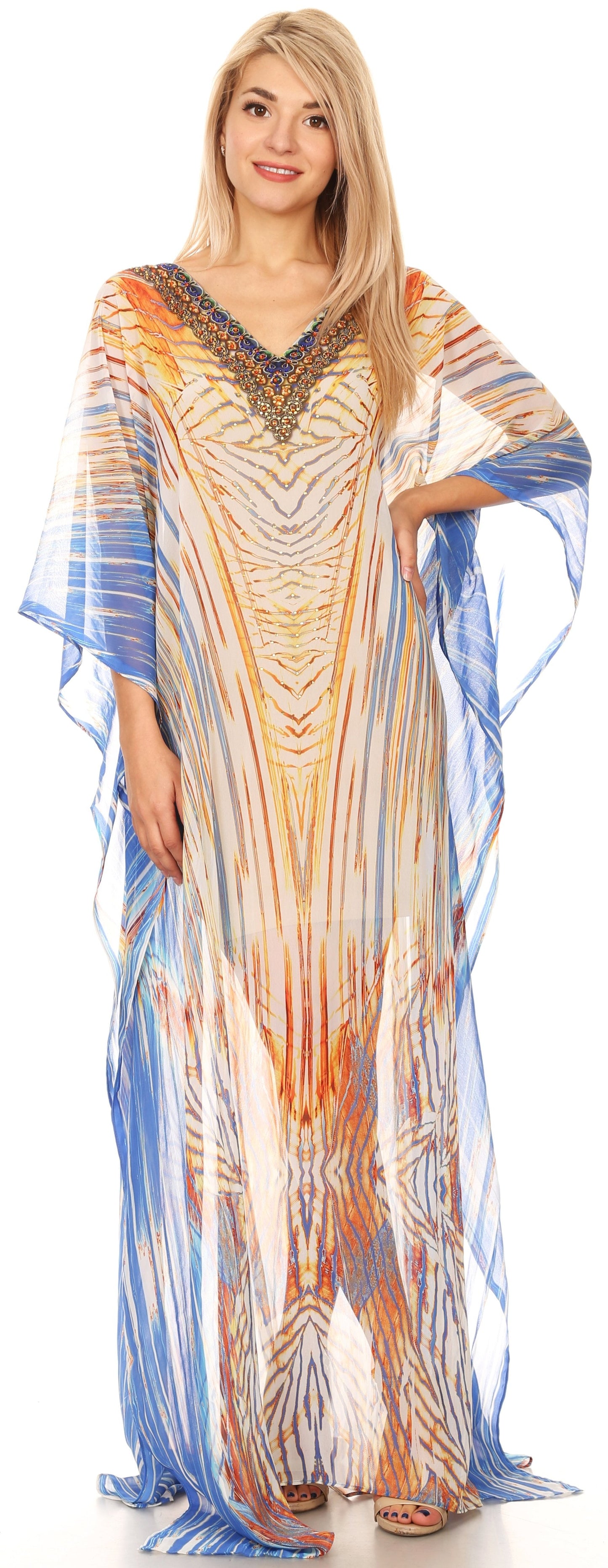 Sakkas Wilder Printed Design Long Sheer Rhinestone Caftan Dress / Cover Up - Concordia Style Boutique