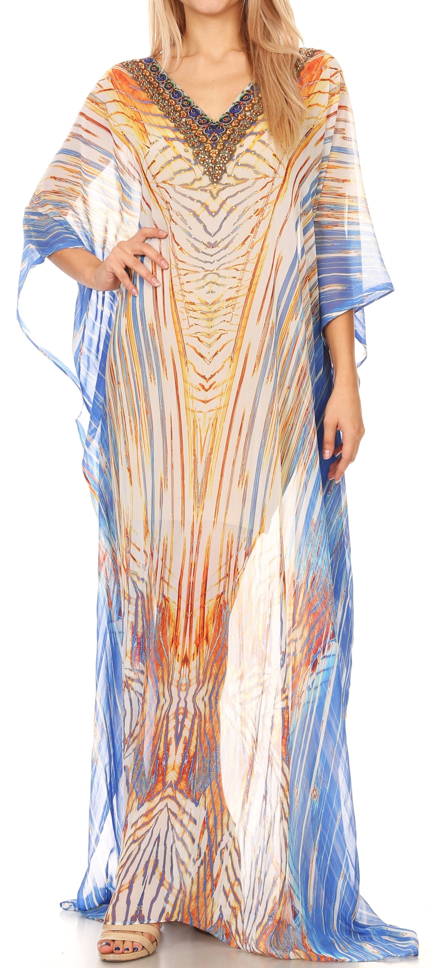Sakkas Wilder Printed Design Long Sheer Rhinestone Caftan Dress / Cover Up - Concordia Style Boutique