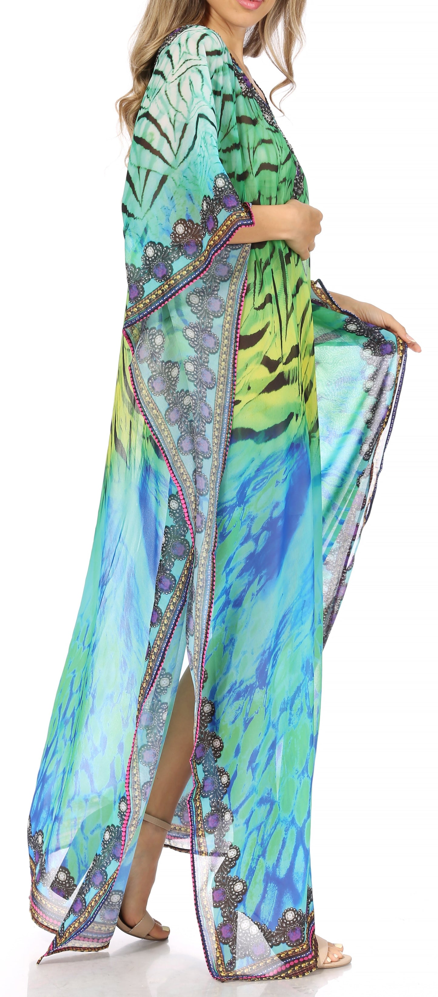 Sakkas Wilder Printed Design Long Sheer Rhinestone Caftan Dress / Cover Up - Concordia Style Boutique