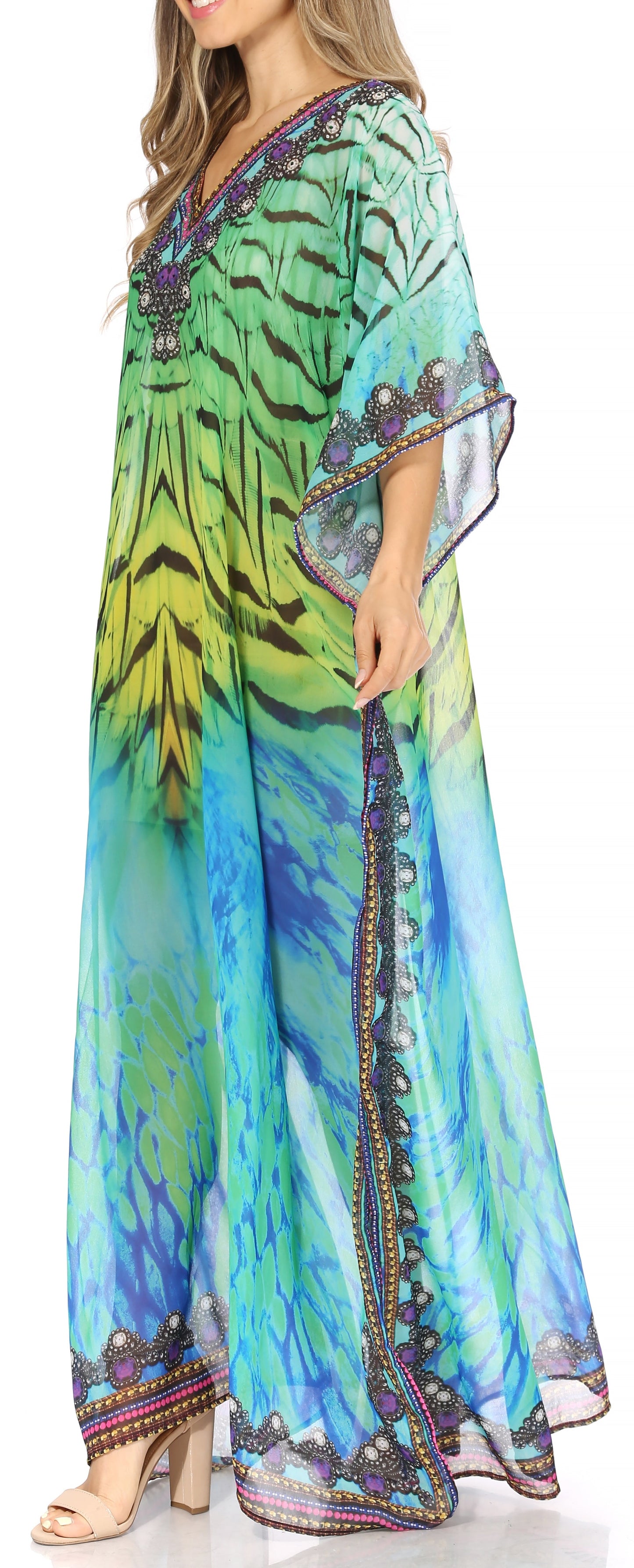 Sakkas Wilder Printed Design Long Sheer Rhinestone Caftan Dress / Cover Up - Concordia Style Boutique