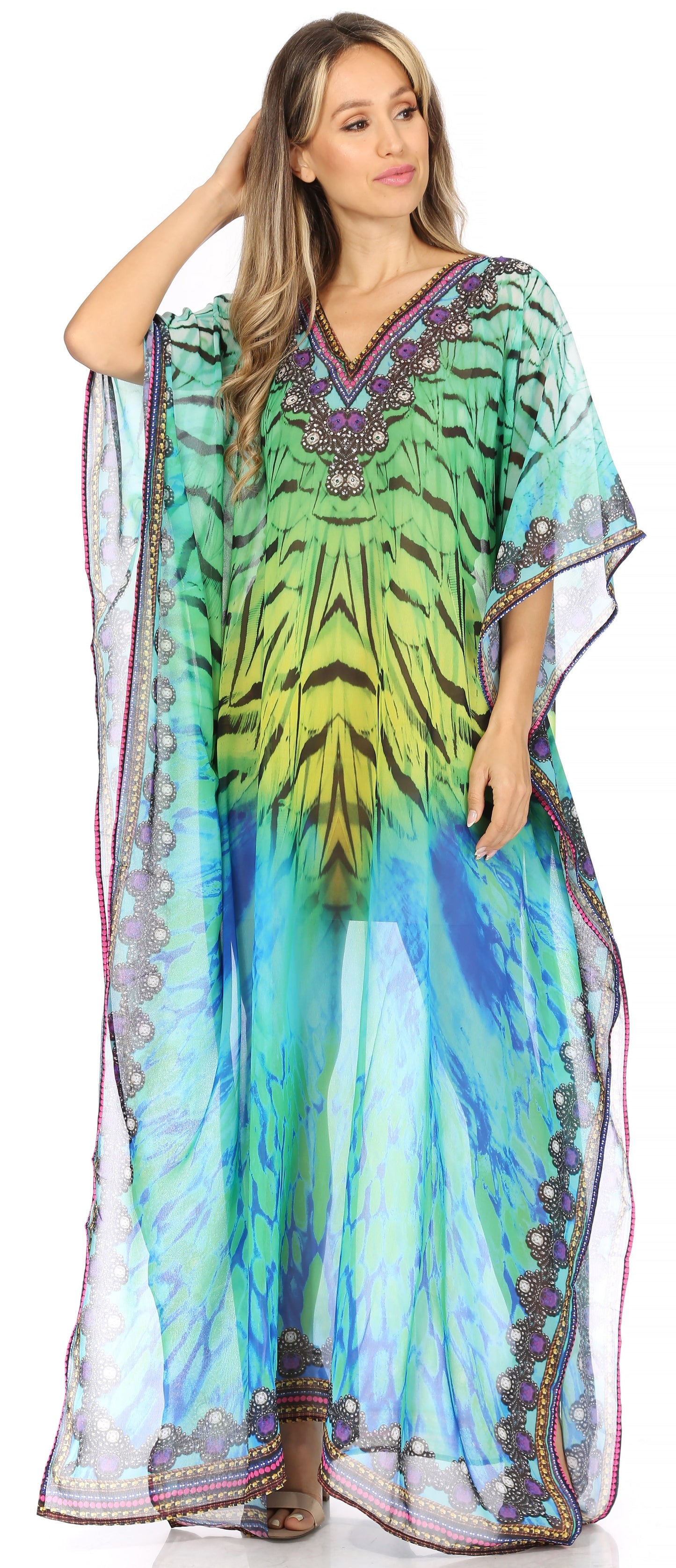 Sakkas Wilder Printed Design Long Sheer Rhinestone Caftan Dress / Cover Up - Concordia Style Boutique