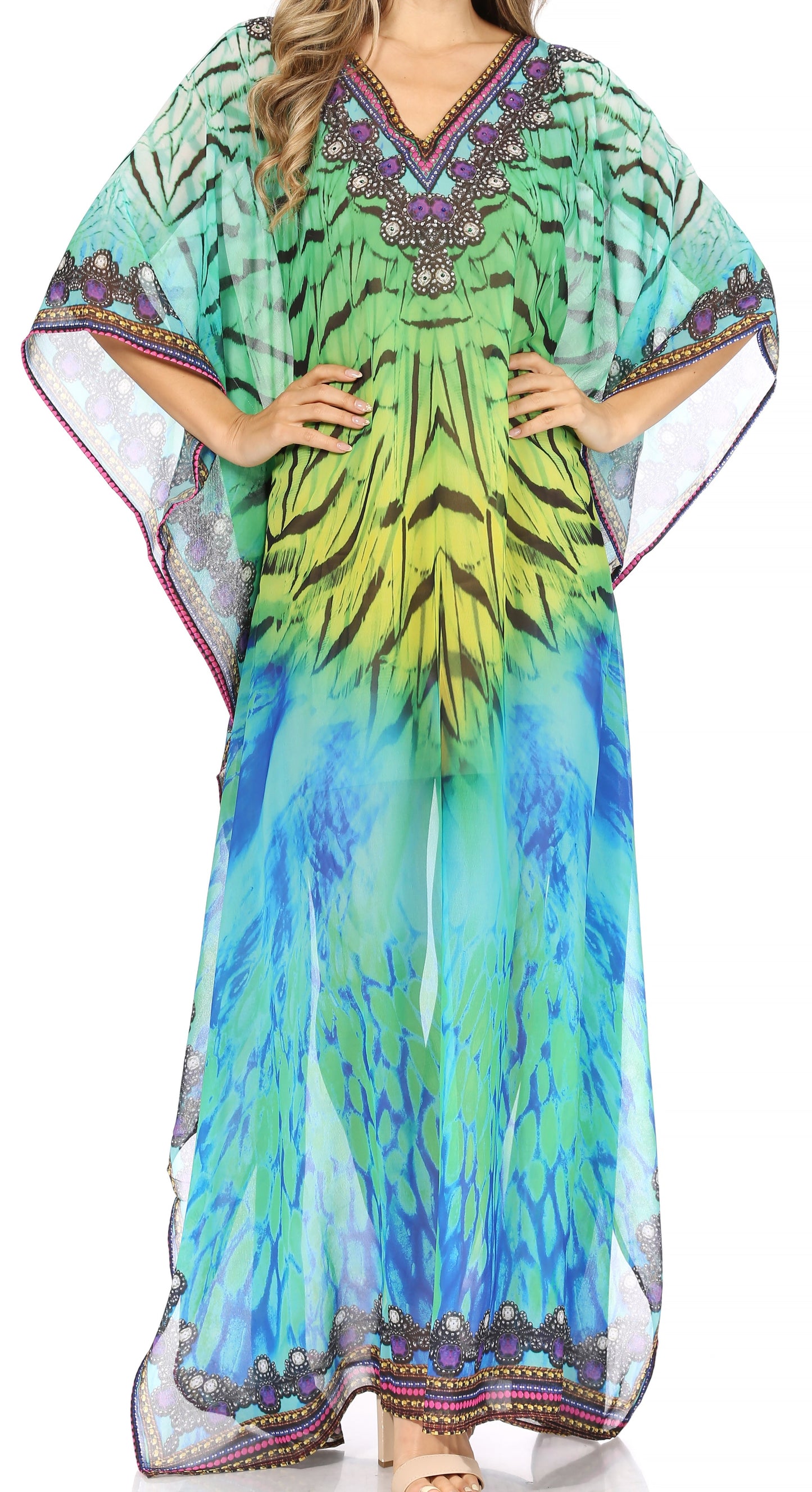Sakkas Wilder Printed Design Long Sheer Rhinestone Caftan Dress / Cover Up - Concordia Style Boutique