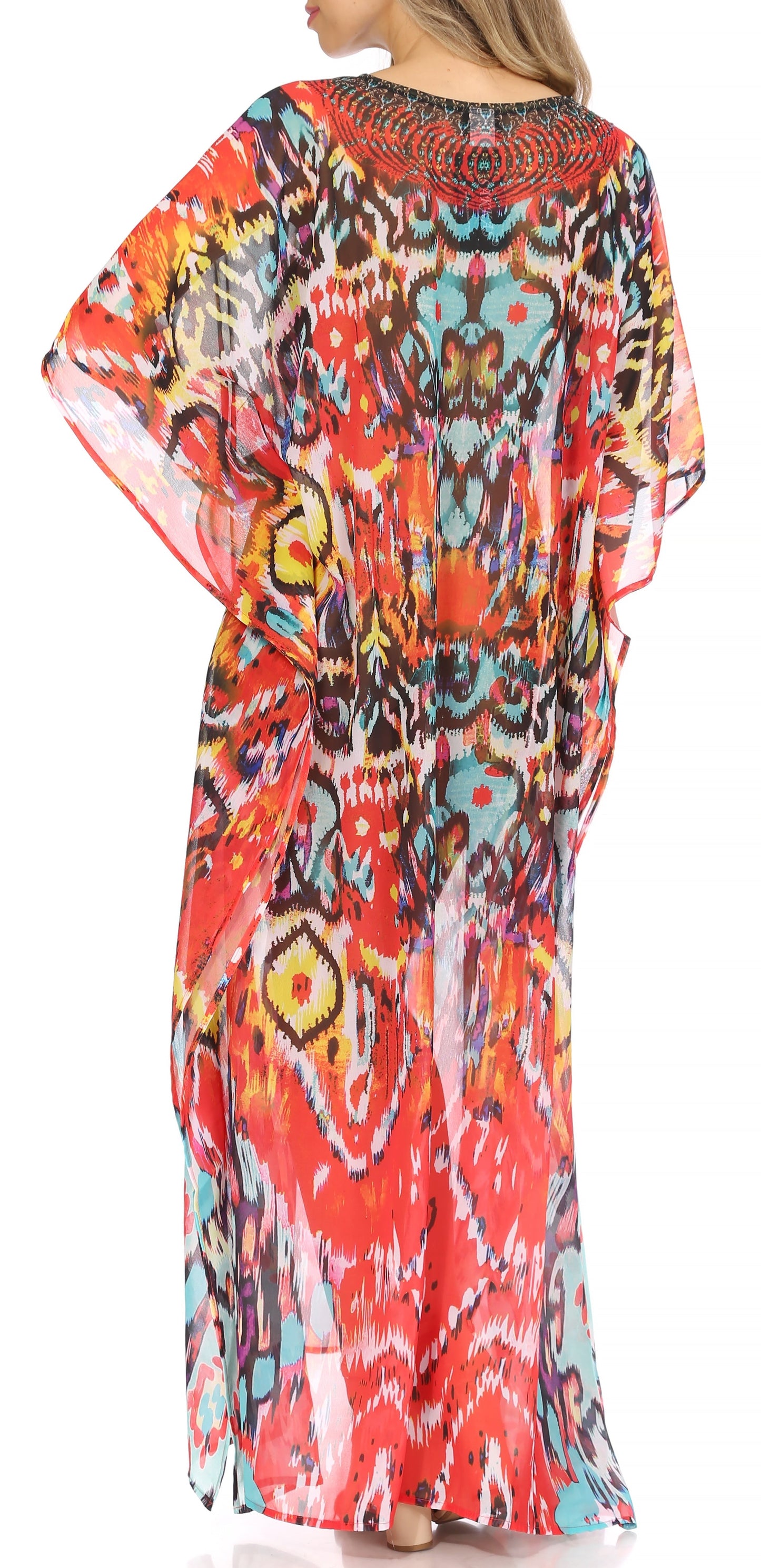 Sakkas Wilder Printed Design Long Sheer Rhinestone Caftan Dress / Cover Up - Concordia Style Boutique