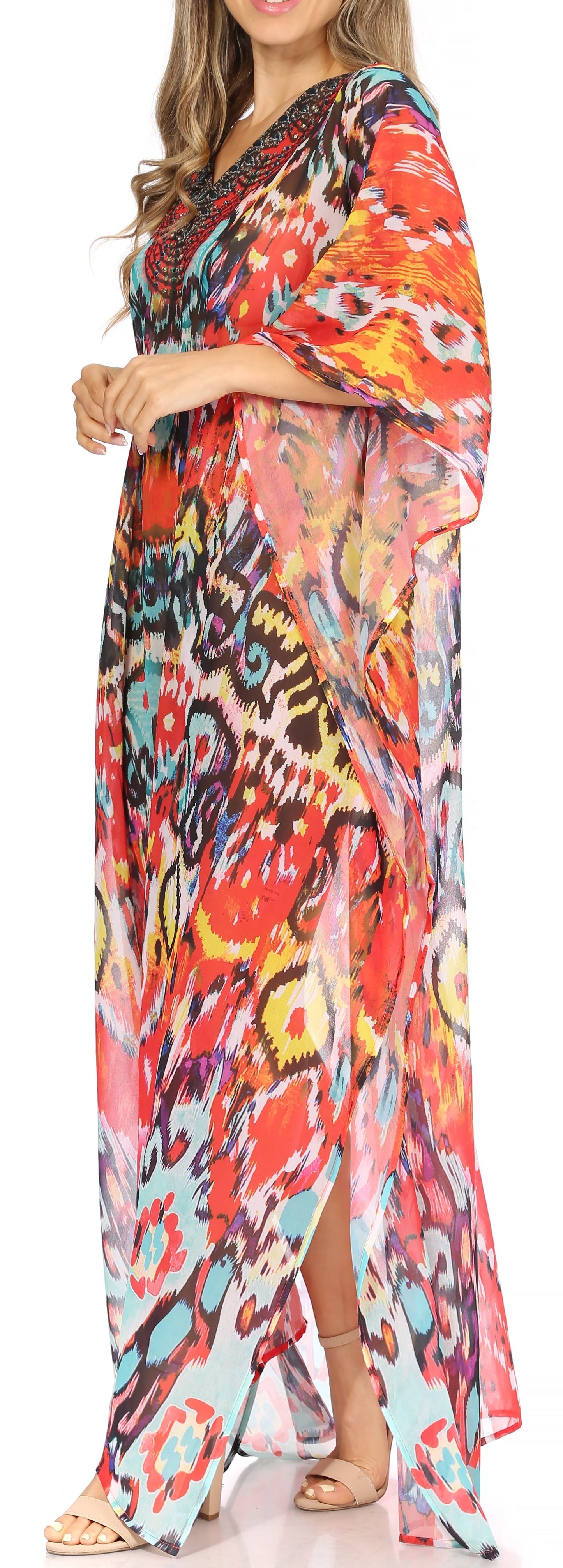 Sakkas Wilder Printed Design Long Sheer Rhinestone Caftan Dress / Cover Up - Concordia Style Boutique
