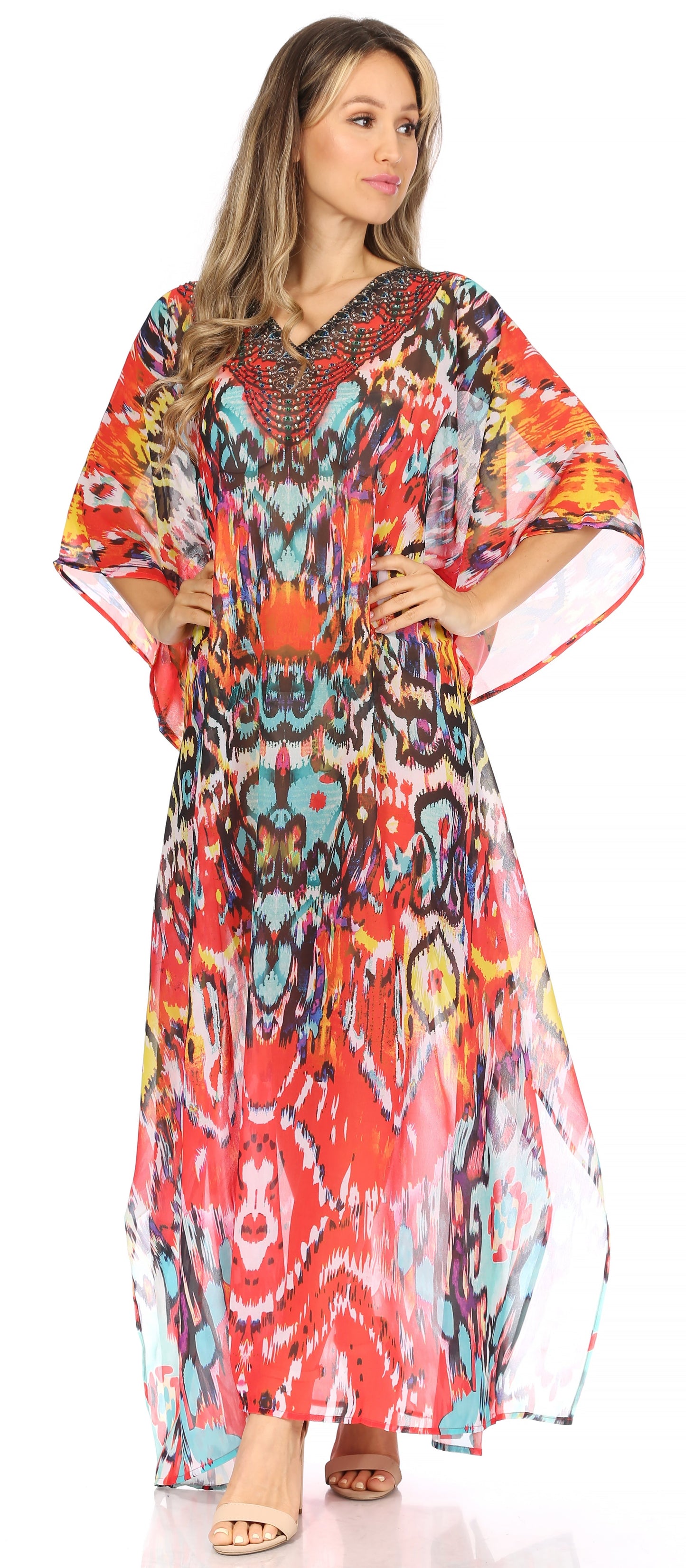 Sakkas Wilder Printed Design Long Sheer Rhinestone Caftan Dress / Cover Up - Concordia Style Boutique