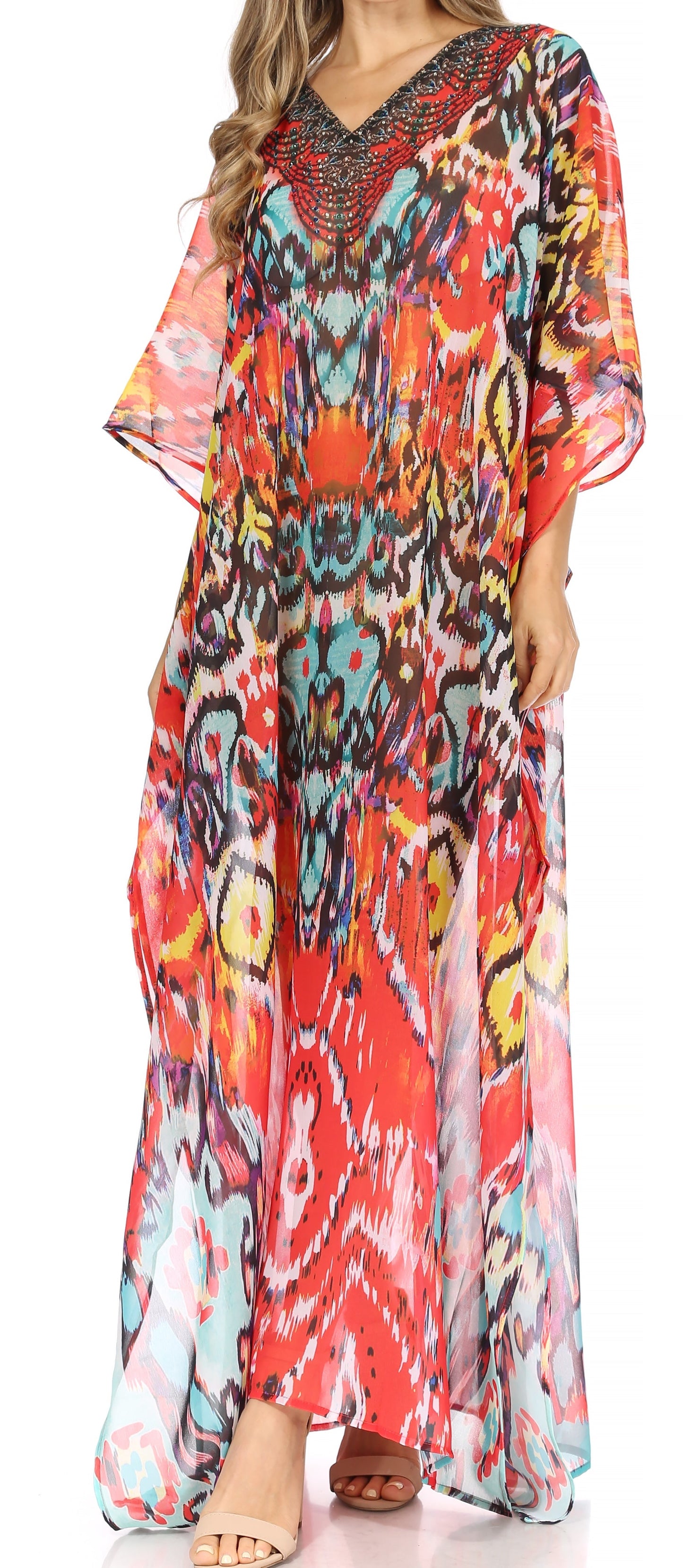 Sakkas Wilder Printed Design Long Sheer Rhinestone Caftan Dress / Cover Up - Concordia Style Boutique