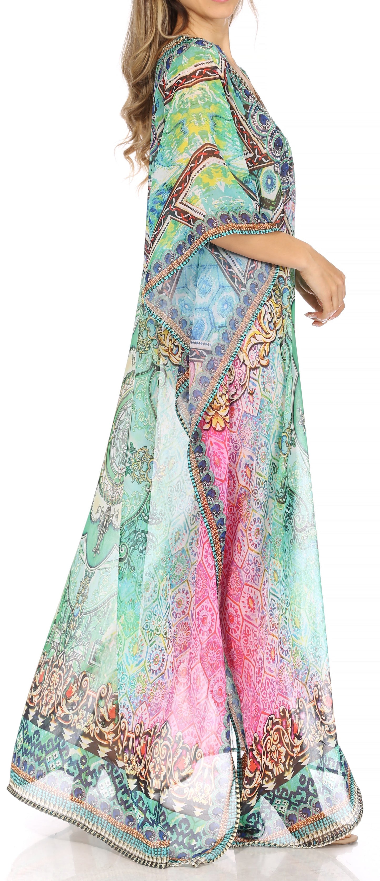 Sakkas Wilder Printed Design Long Sheer Rhinestone Caftan Dress / Cover Up - Concordia Style Boutique