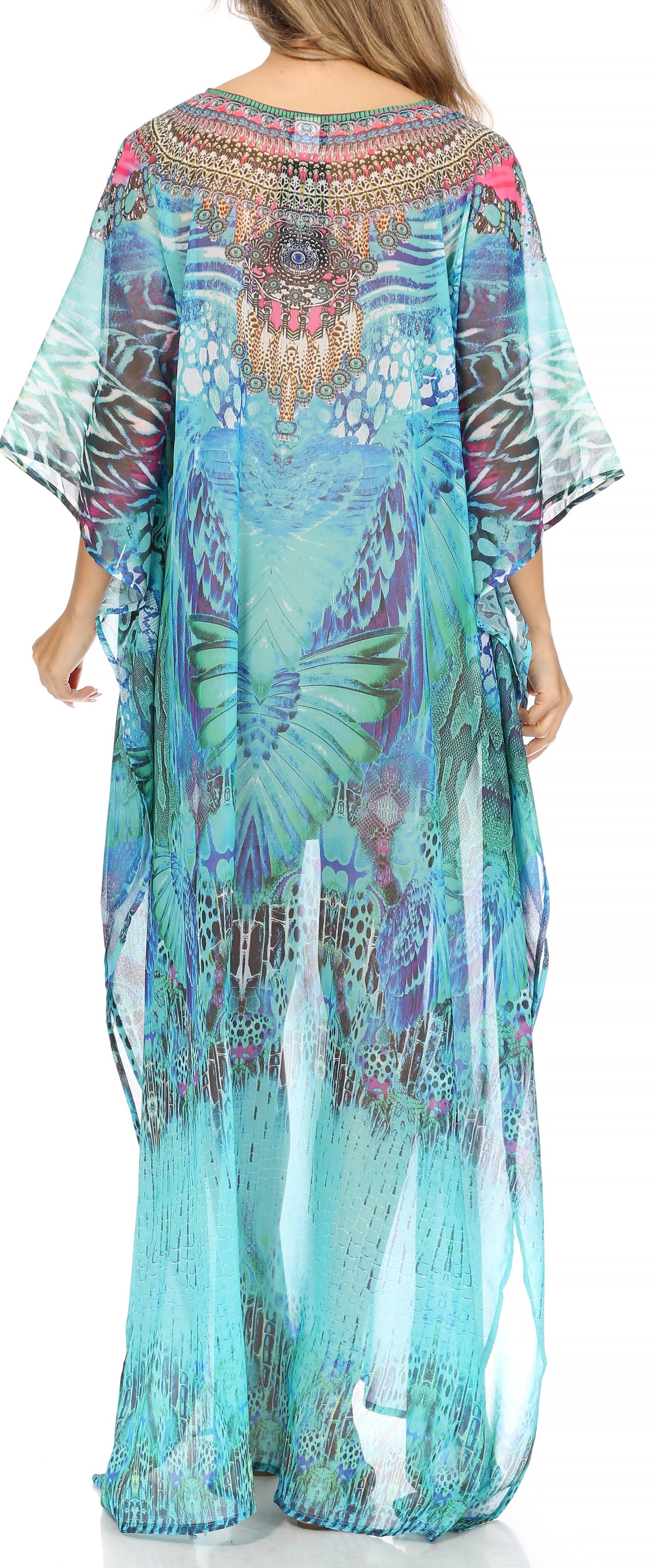Sakkas Wilder Printed Design Long Sheer Rhinestone Caftan Dress / Cover Up - Concordia Style Boutique