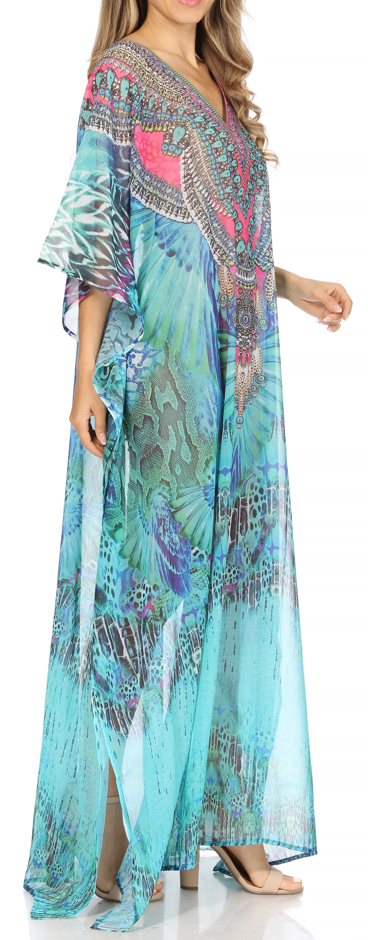 Sakkas Wilder Printed Design Long Sheer Rhinestone Caftan Dress / Cover Up - Concordia Style Boutique