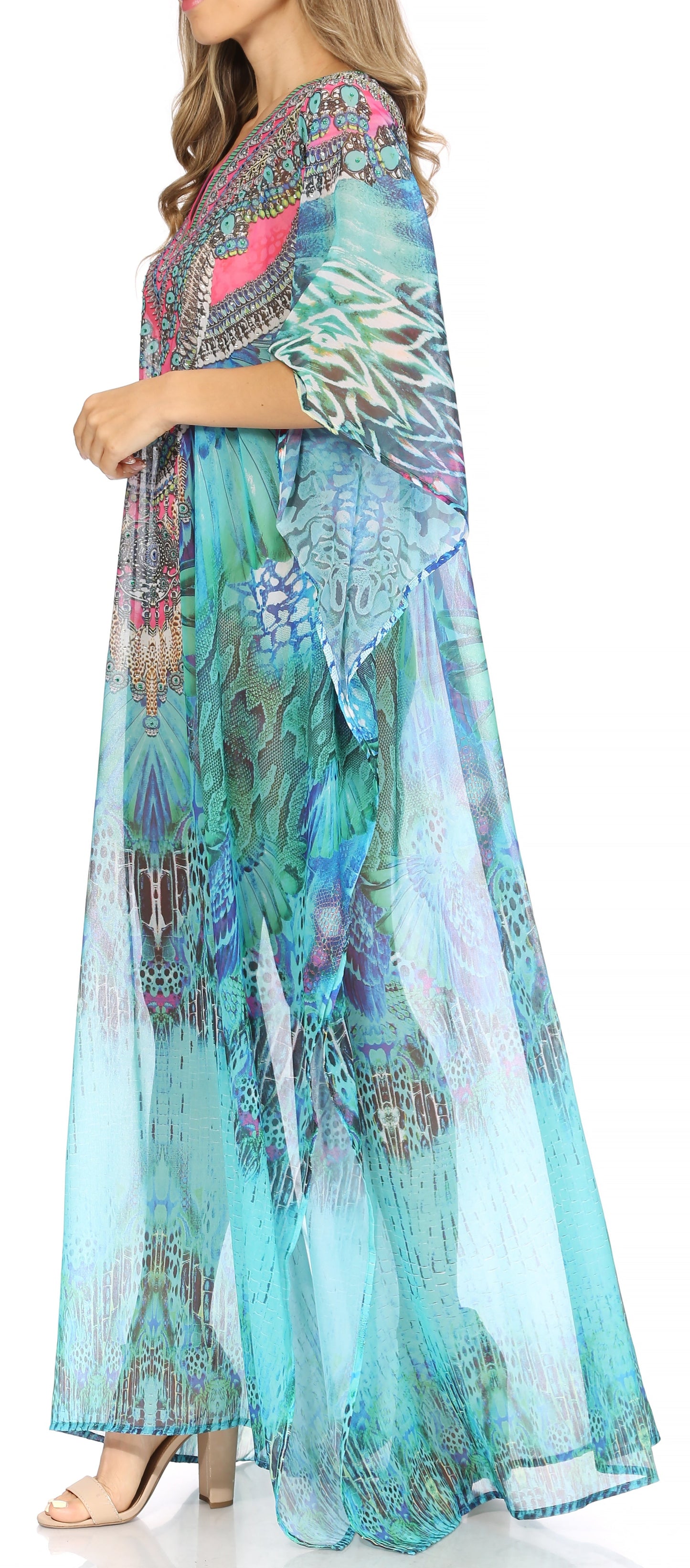 Sakkas Wilder Printed Design Long Sheer Rhinestone Caftan Dress / Cover Up - Concordia Style Boutique