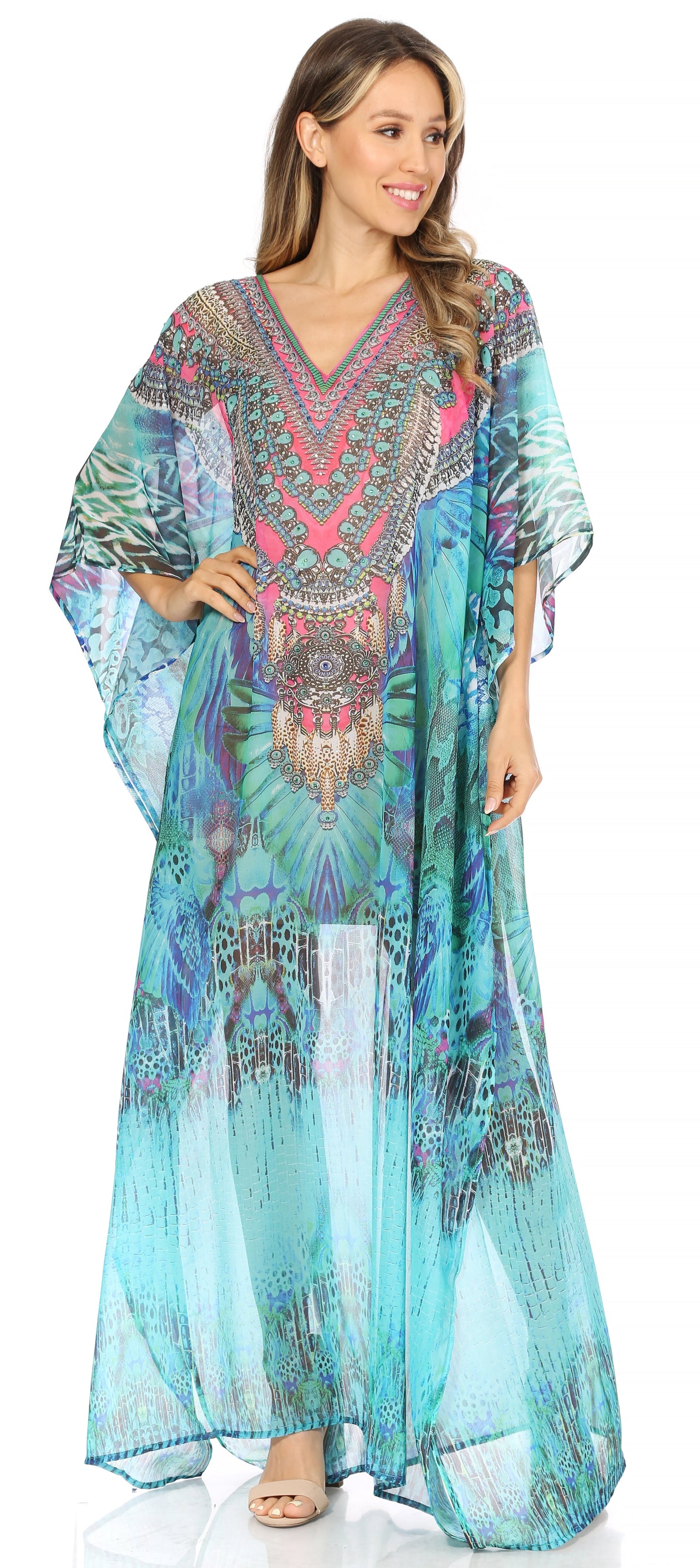 Sakkas Wilder Printed Design Long Sheer Rhinestone Caftan Dress / Cover Up - Concordia Style Boutique