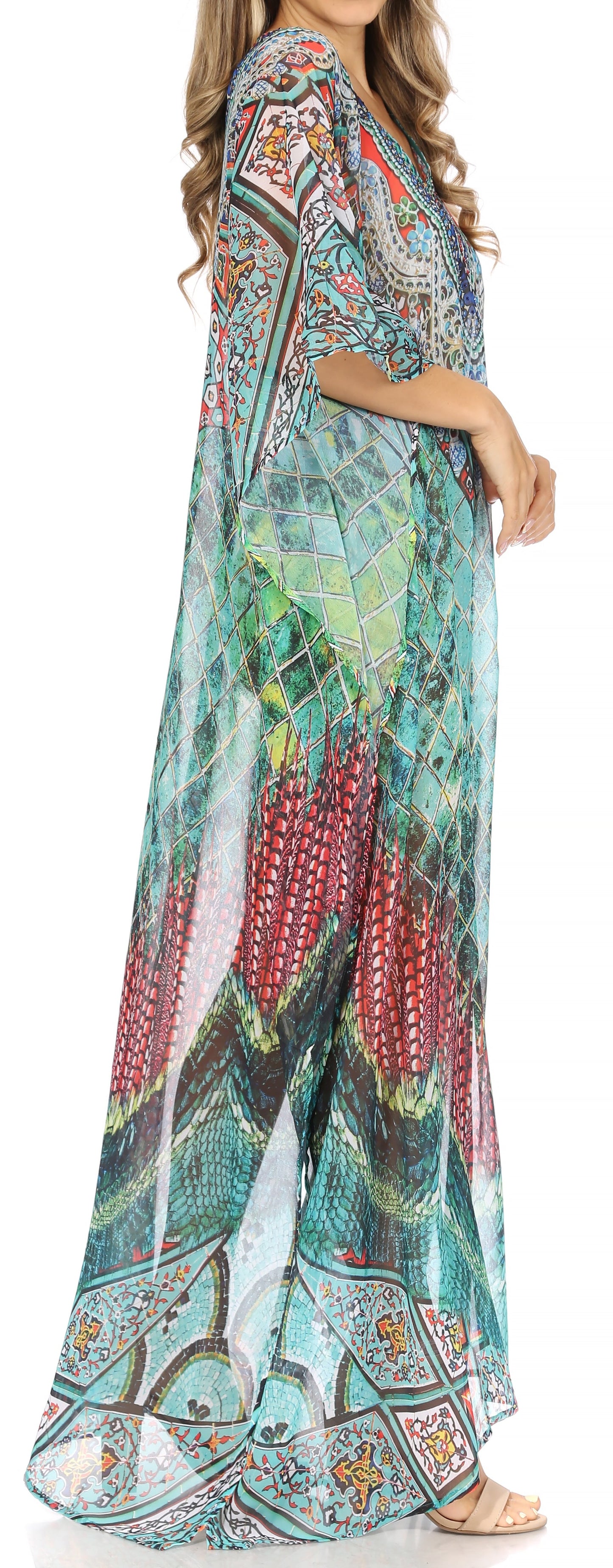 Sakkas Wilder Printed Design Long Sheer Rhinestone Caftan Dress / Cover Up - Concordia Style Boutique