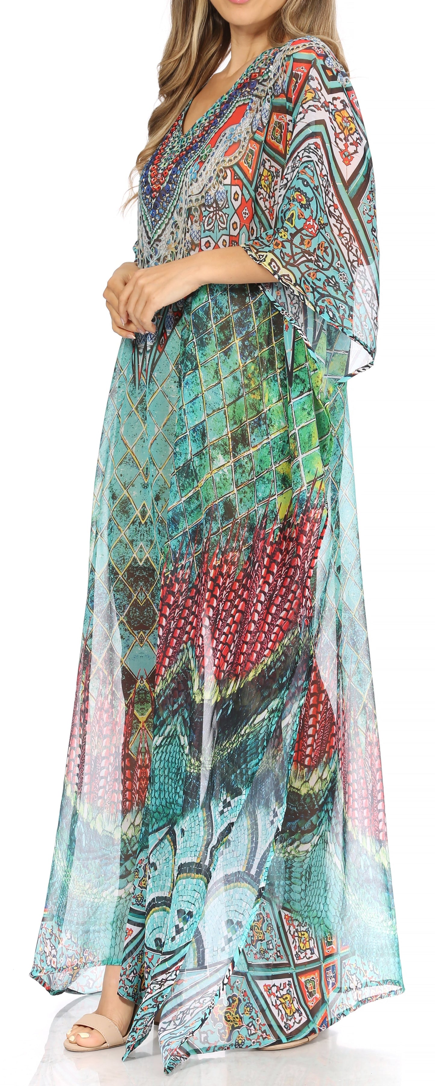 Sakkas Wilder Printed Design Long Sheer Rhinestone Caftan Dress / Cover Up - Concordia Style Boutique
