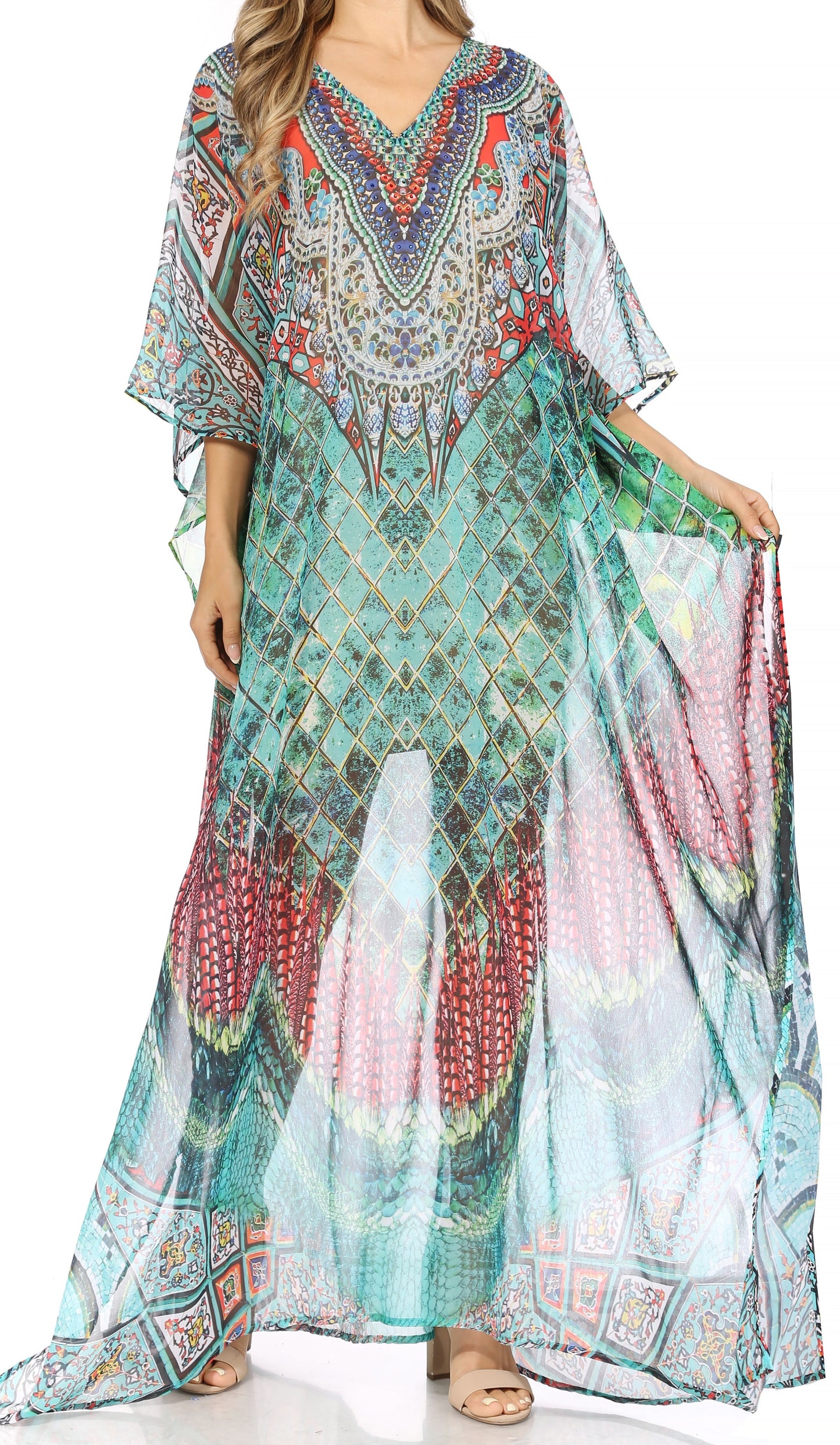 Sakkas Wilder Printed Design Long Sheer Rhinestone Caftan Dress / Cover Up - Concordia Style Boutique