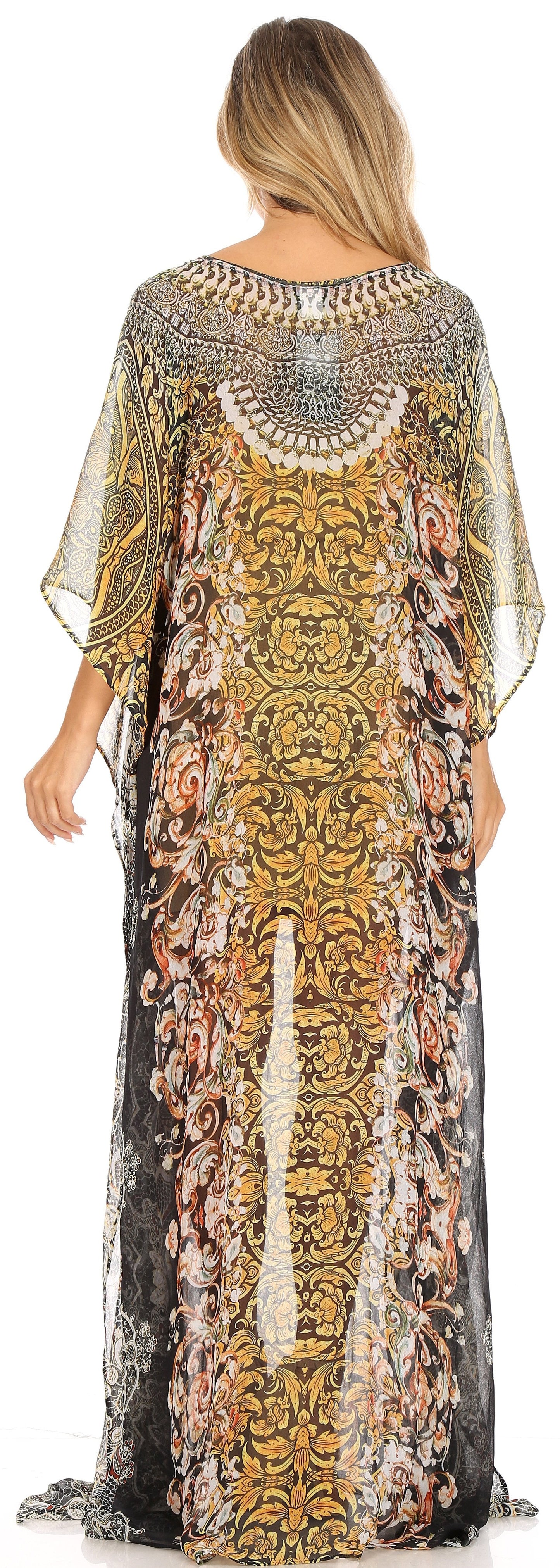 Sakkas Wilder Printed Design Long Sheer Rhinestone Caftan Dress / Cover Up - Concordia Style Boutique