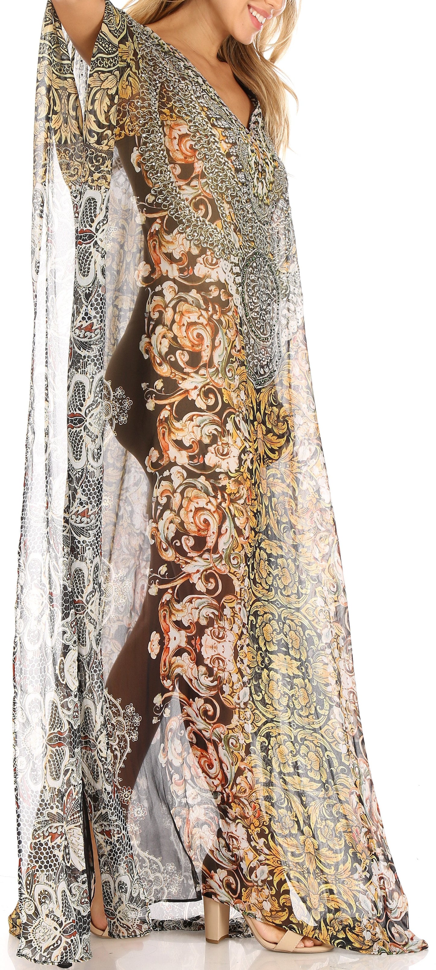 Sakkas Wilder Printed Design Long Sheer Rhinestone Caftan Dress / Cover Up - Concordia Style Boutique