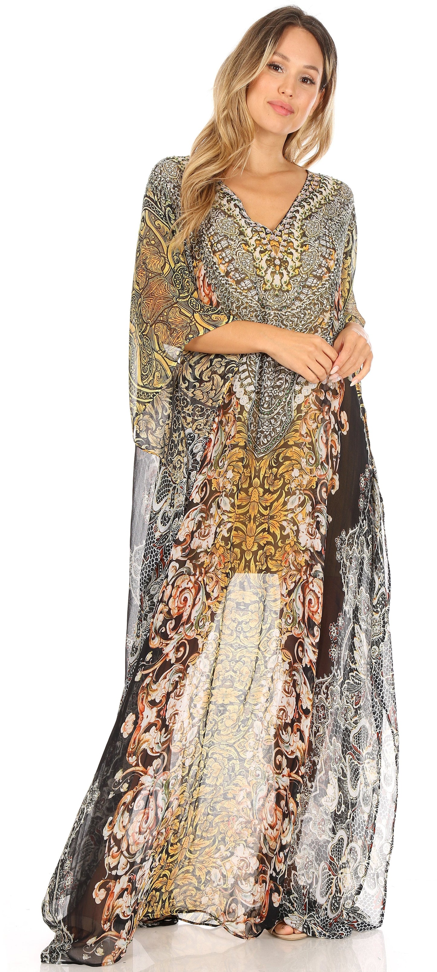 Sakkas Wilder Printed Design Long Sheer Rhinestone Caftan Dress / Cover Up - Concordia Style Boutique