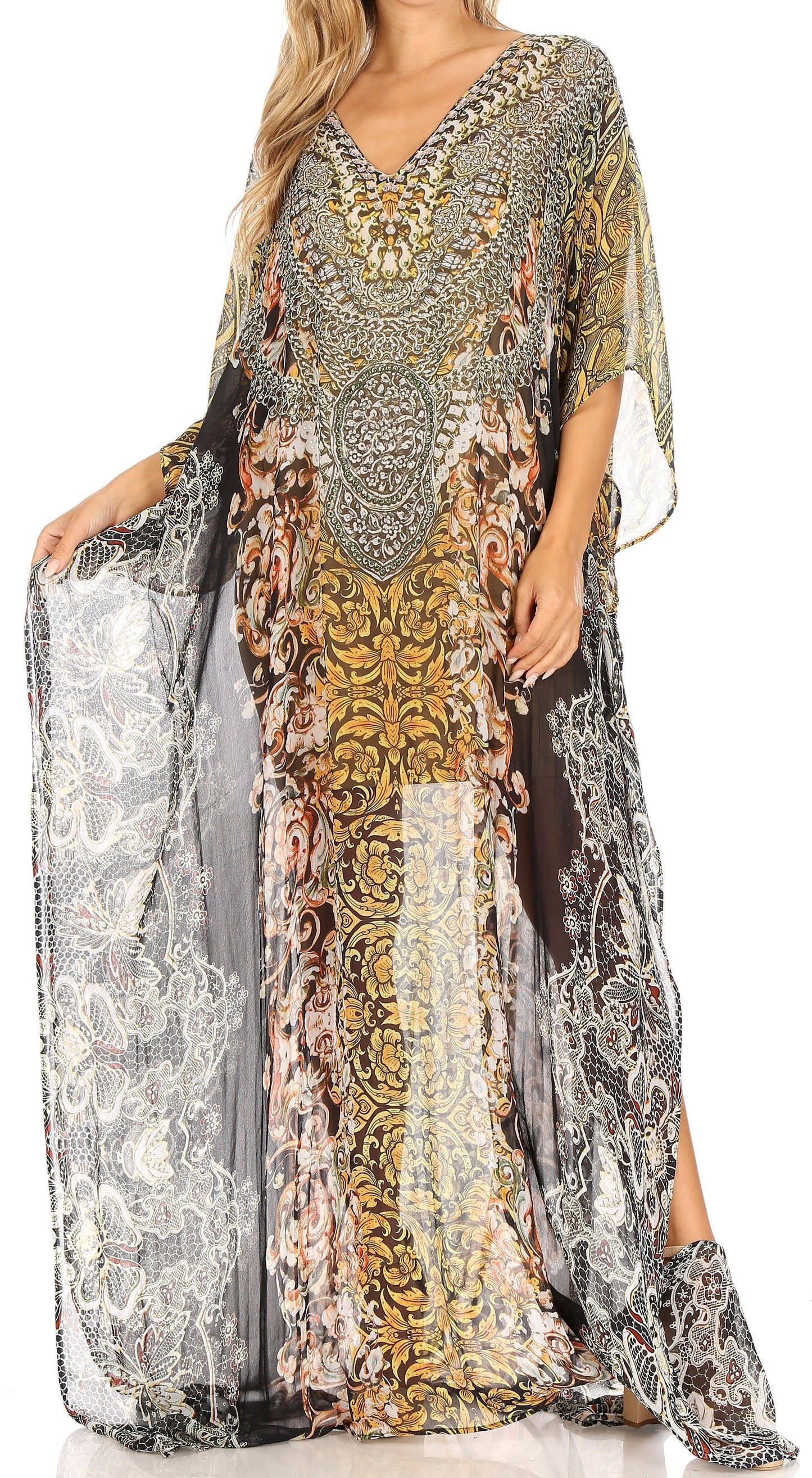 Sakkas Wilder Printed Design Long Sheer Rhinestone Caftan Dress / Cover Up - Concordia Style Boutique