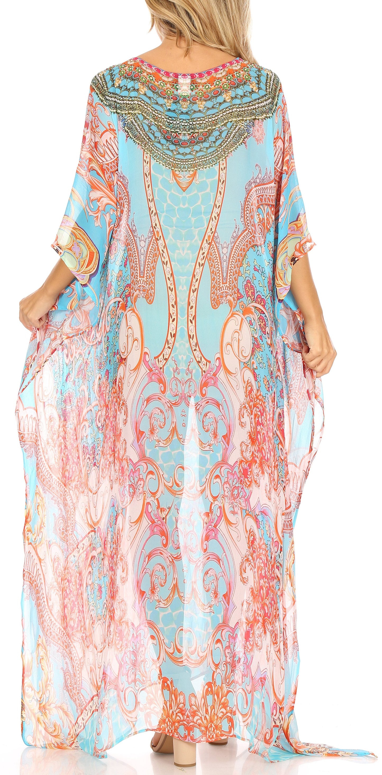 Sakkas Wilder Printed Design Long Sheer Rhinestone Caftan Dress / Cover Up - Concordia Style Boutique
