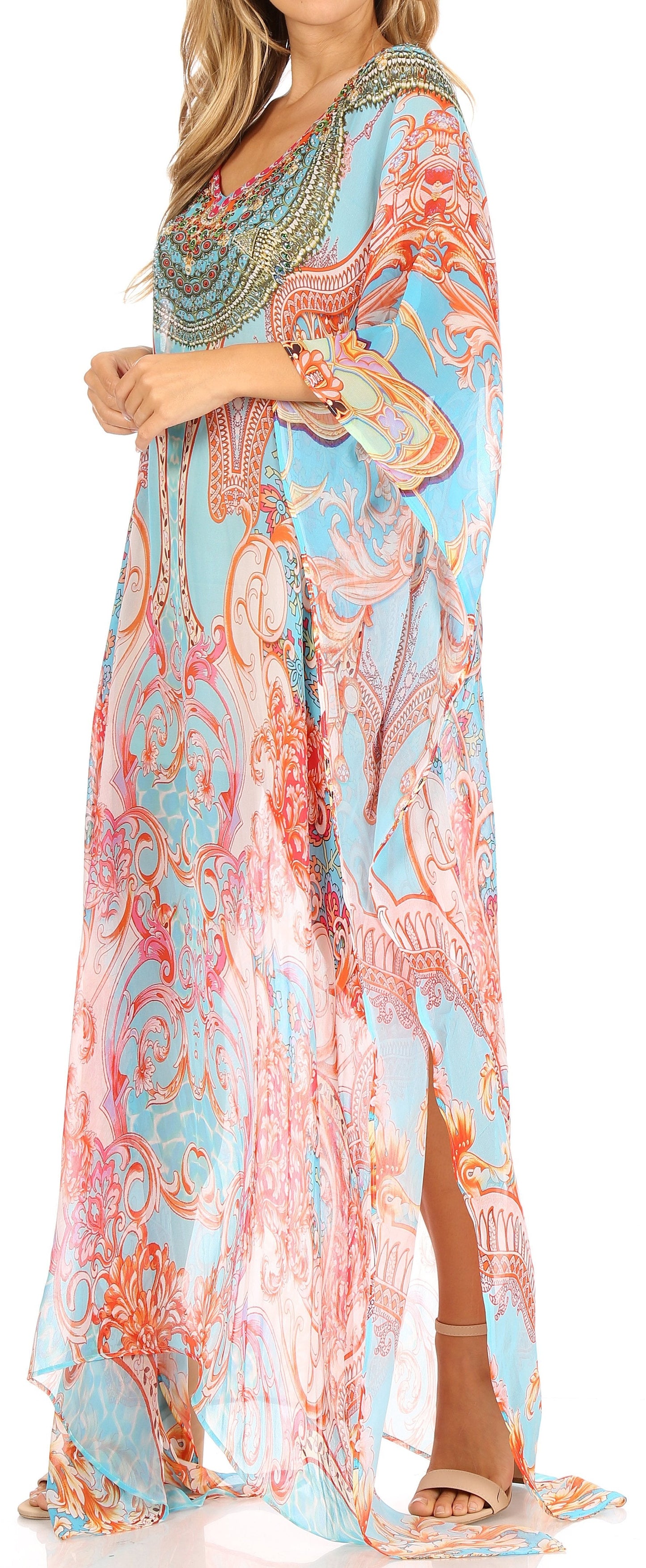 Sakkas Wilder Printed Design Long Sheer Rhinestone Caftan Dress / Cover Up - Concordia Style Boutique